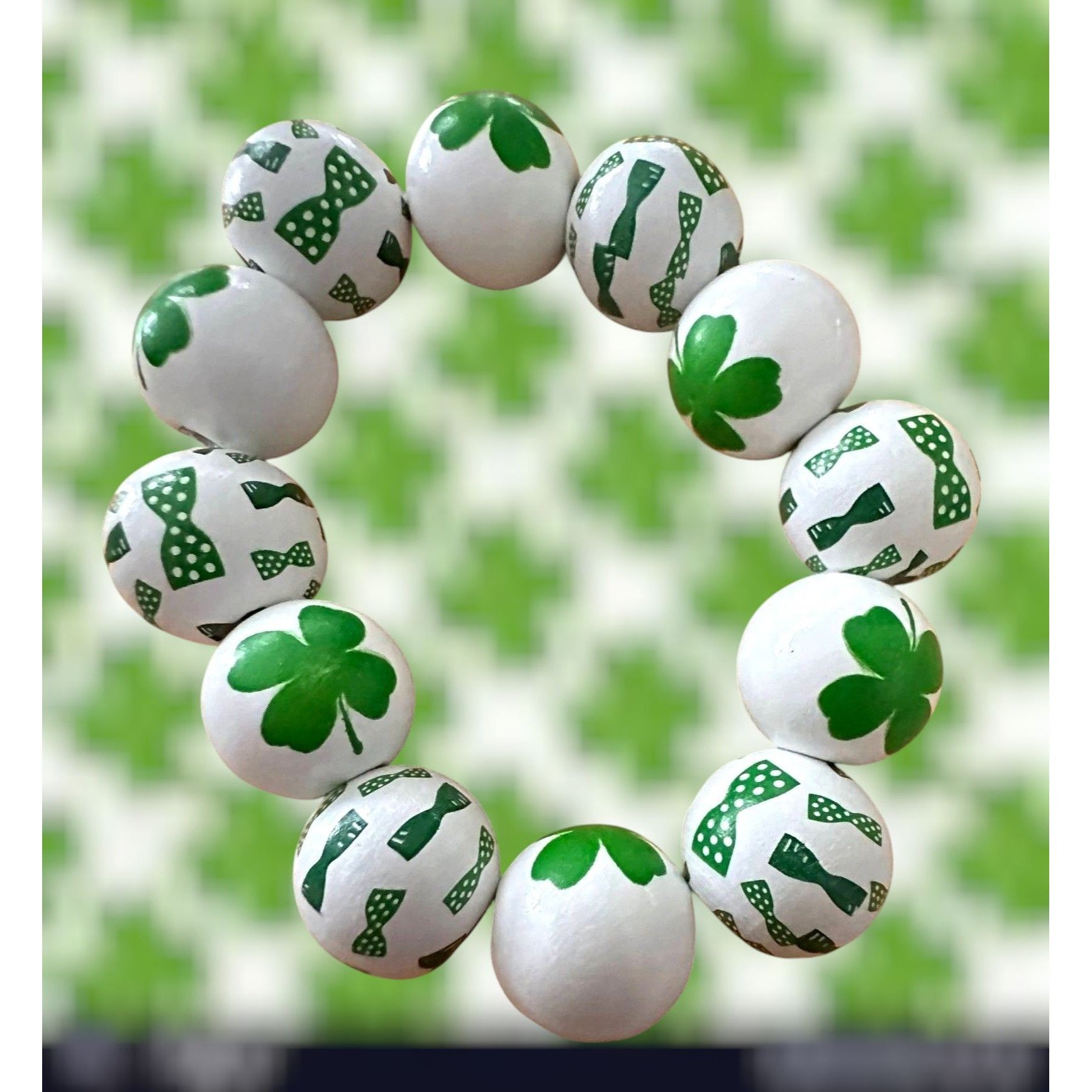 Handmade Luck of the Irish Clover Wood Beaded Stretch Bracelet St Pat Size ONE SIZE - 1 Thumbnail