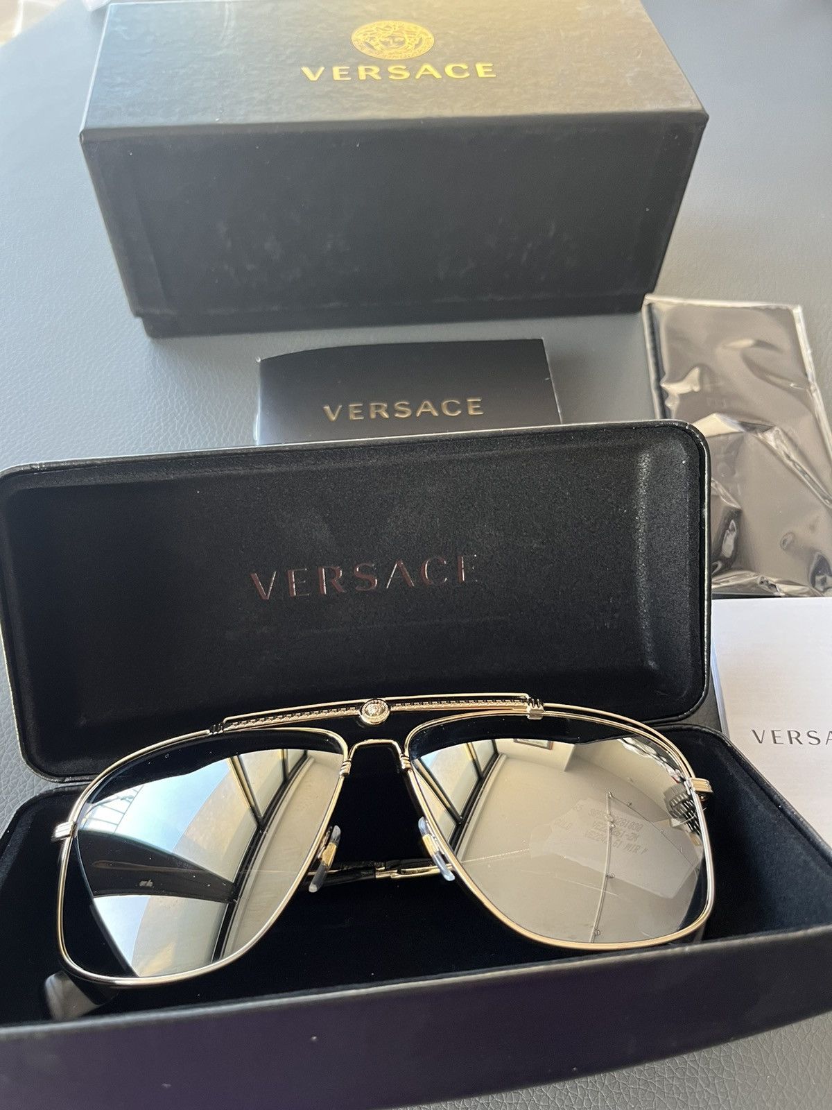 image of Versace Super Runway Reflective Logo Sunglasses in Silver, Men's