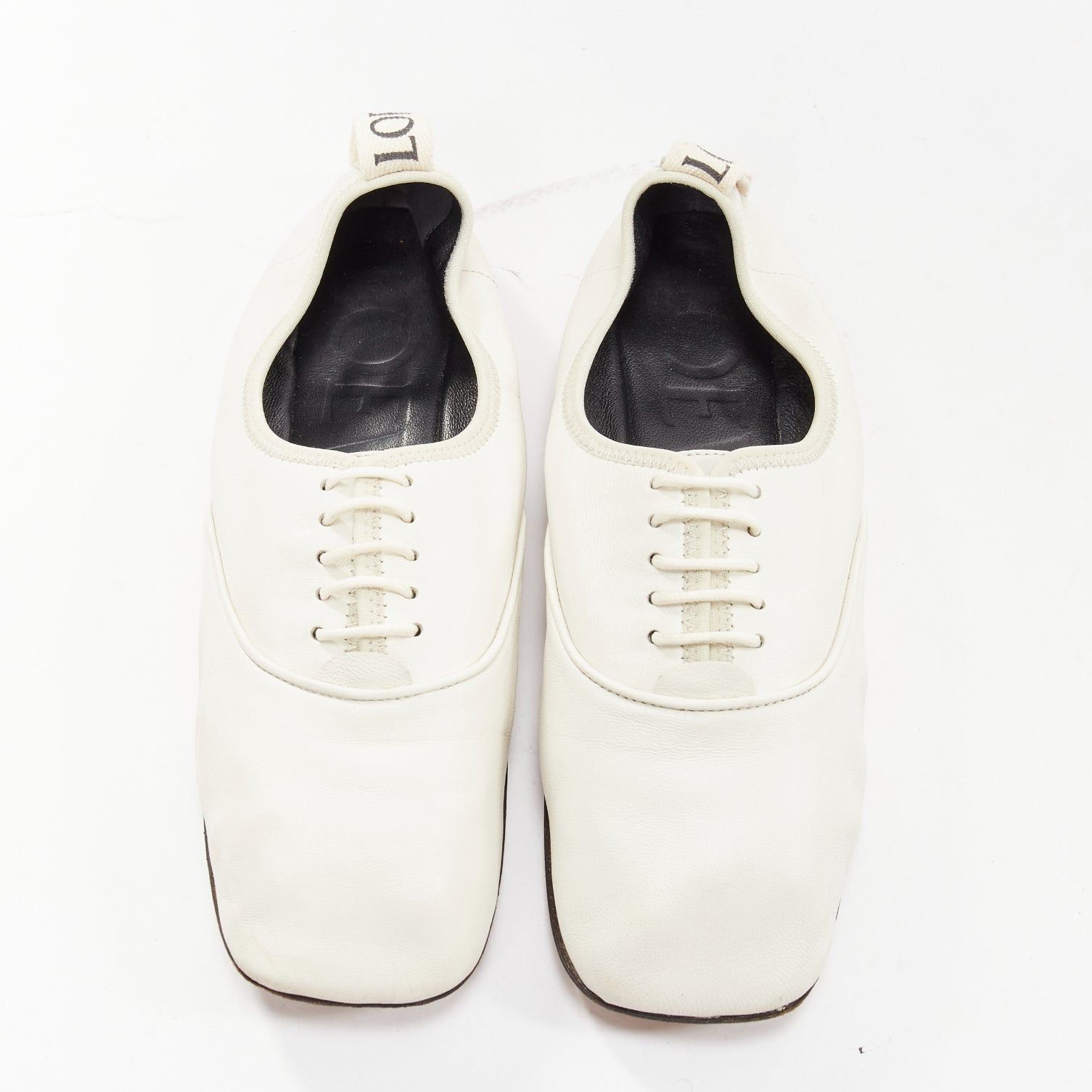 image of Loewe Derby White Soft Leather Black Logo Tab Lace Up Flat Shoes Eu37, Women's