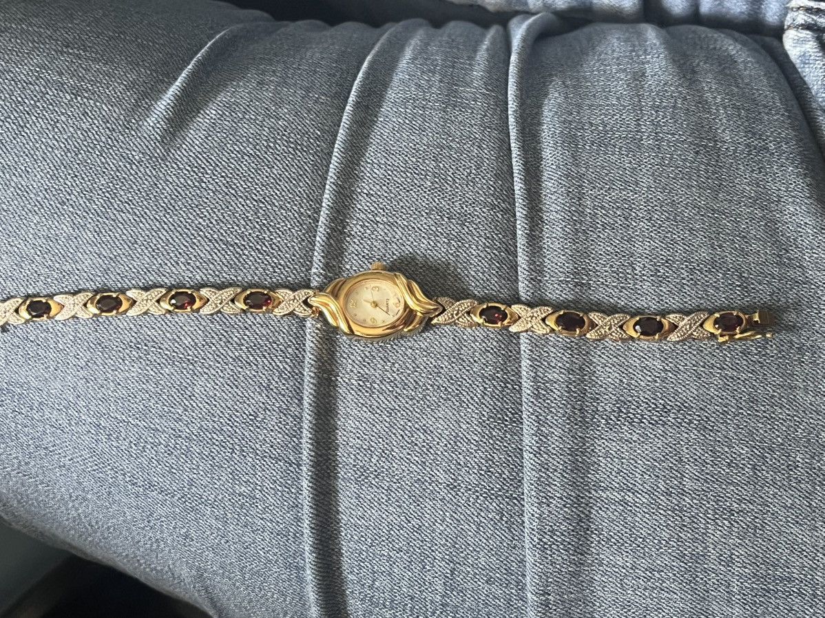 Other Vintage Garnet Diamond Gold Tone Watch 7" Works New Battery Size ONE SIZE - 3 Thumbnail