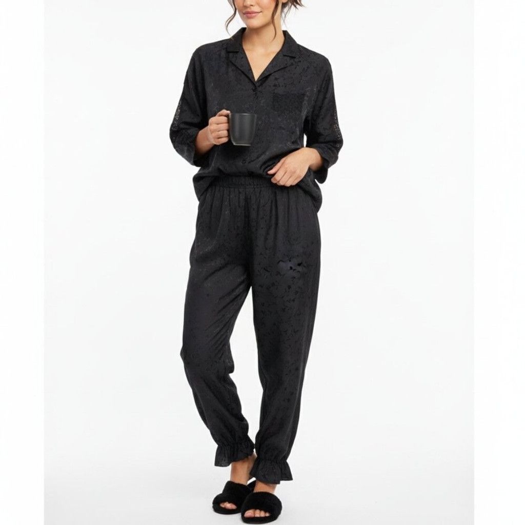 Other VOGUE Dessous VTG Jacquard Long Sleeve Black Pajama Set Sz M Size ONE SIZE - 1 Thumbnail