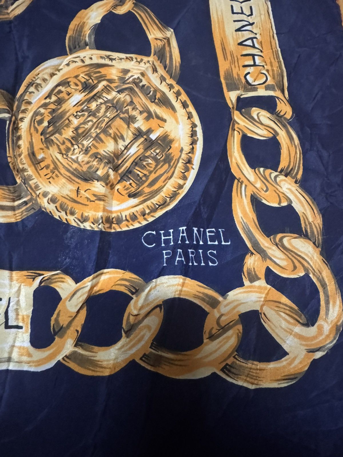 Chanel Authentic CHANEL navy gold slik scarf Size 34 - 8 Thumbnail