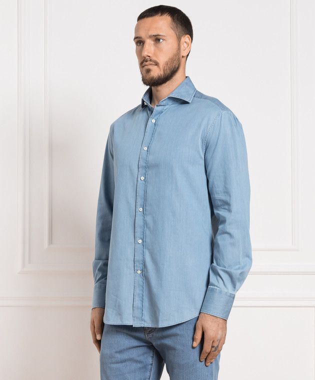 Brunello Cucinelli o1s22i1n0925 Chambray Shirt in Light Blue Size L / US 10 / IT 46 - 3 Thumbnail