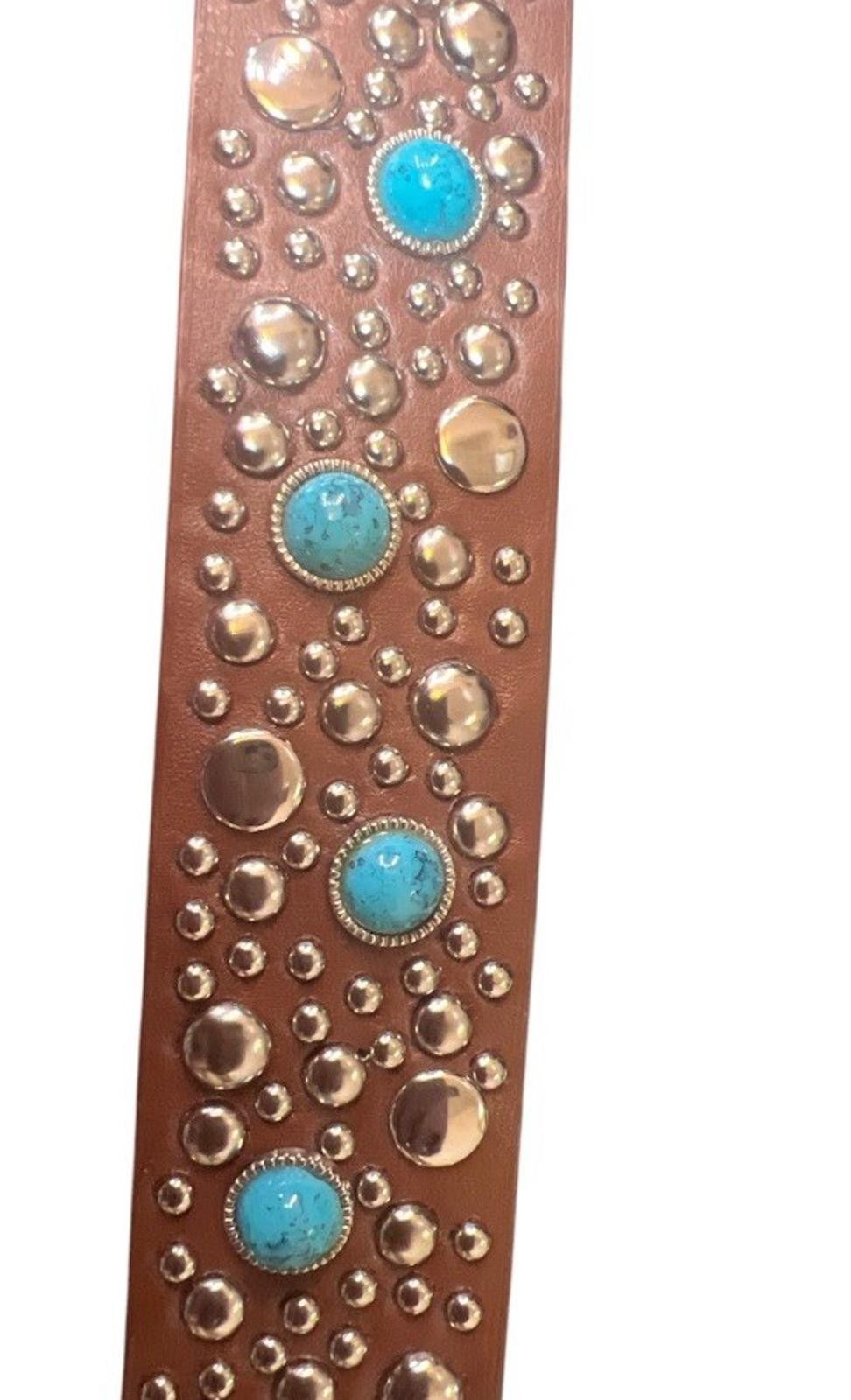 Designer Genuine Leather Line Turquoise And Stud Belt 1X Size ONE SIZE - 3 Thumbnail
