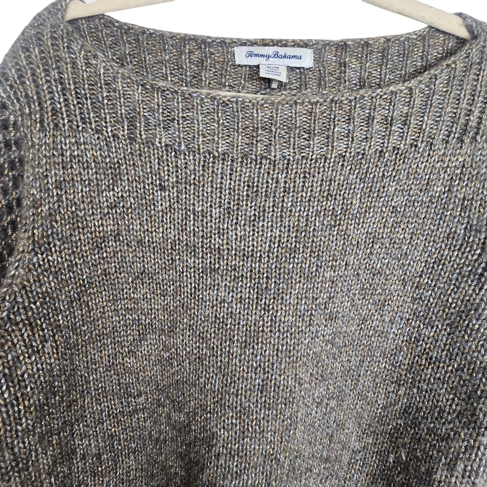 Tommy Bahama Women Wool Metallic Sweater M Open Knit Sleeves