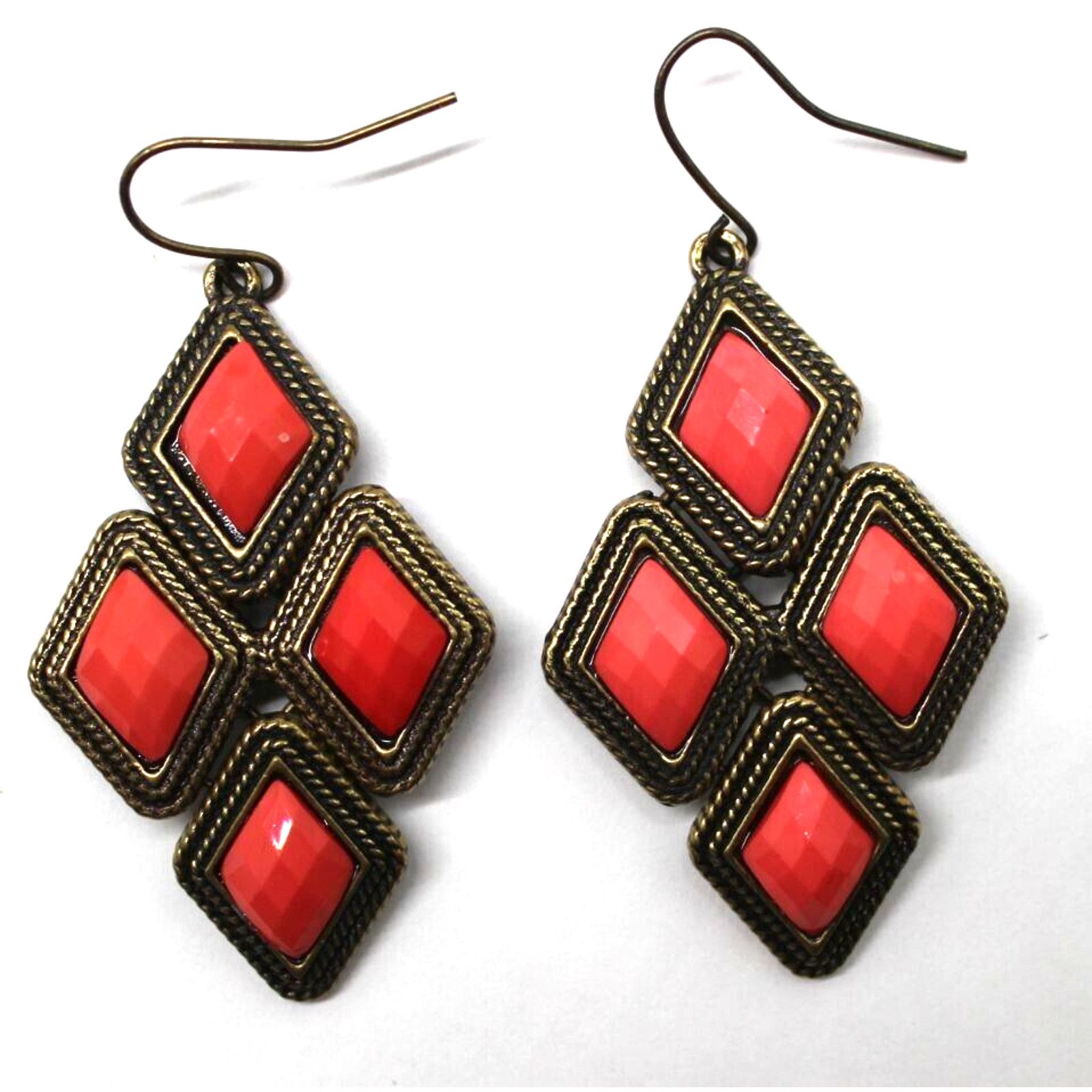 Other Orange Plastic Rectangle Dangle Earrings •Antique Style • 2" Size ONE SIZE - 1 Thumbnail
