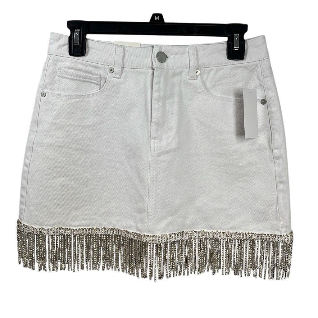 BLANKNYC Blank NYC Rhinestones Fringe Mini White Denim Skirt NWT 26 Size 26" / US 2 / IT 38 - 9 Thumbnail