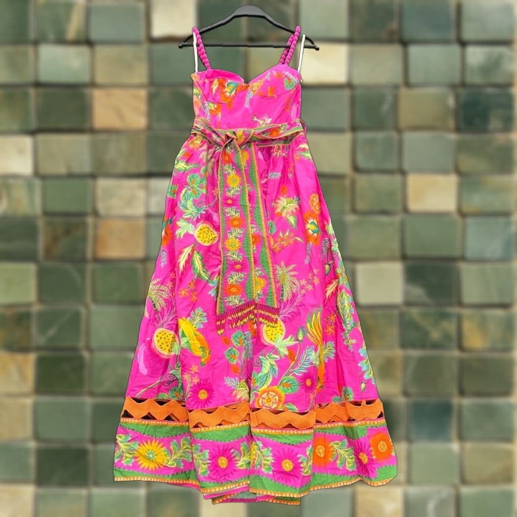 VINTAGE FARM RIO Women's Sundress Midi Dress XS Cotton Pink 90s