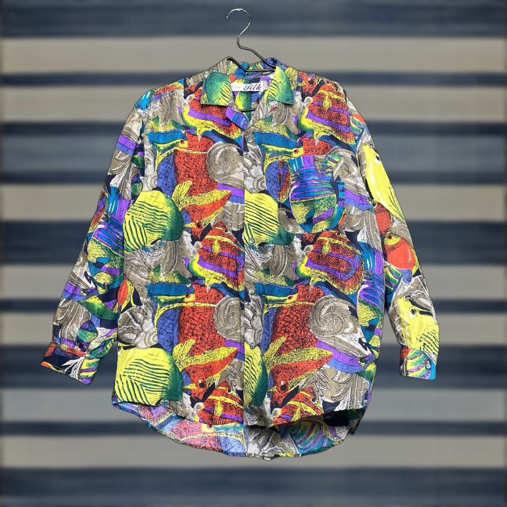 VINTAGE Don't Stop Hawaiian Shirt Mens Small Long Sleeve Multi-Color Rayon 1950s Tropical Fish