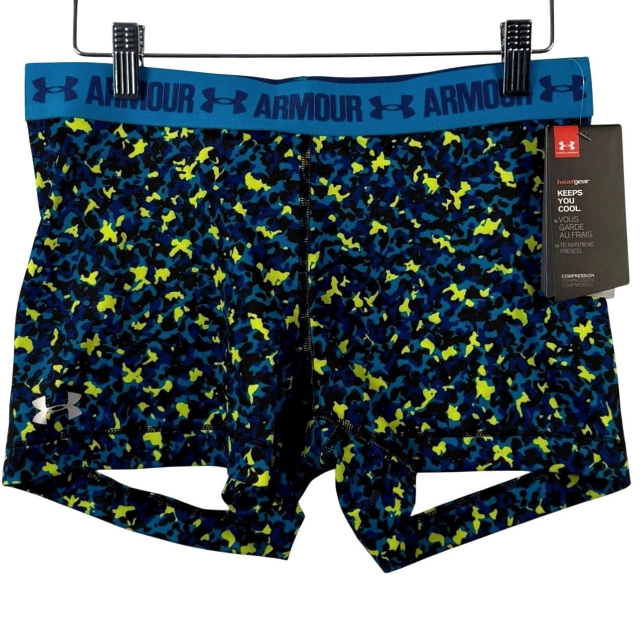 Under Armour Under Armour Womens L HeatGear Shorts Blue Yellow Digital Camo 3" Compression Size 36" / US 14 / IT 50 - 2 Thumbnail
