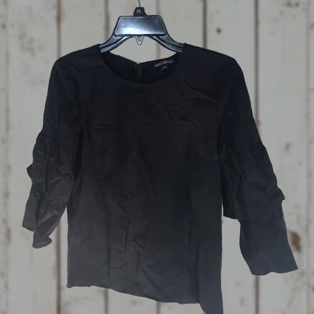 Vintage VINTAGE J Crew Mercantile Women's 3/4 Sleeve Ruffle Blouse Size 4 Black Cotton Elastane Size S / US 4 / IT 40 - 1 Thumbnail