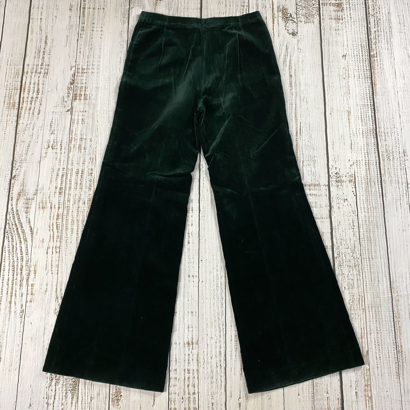 Vintage VINTAGE 1970s T.JONES Velour High Rise Zip Bell Bottom Pants Women’s 29x31 Forest Green Hippy Boho Size 29" - 8 Thumbnail