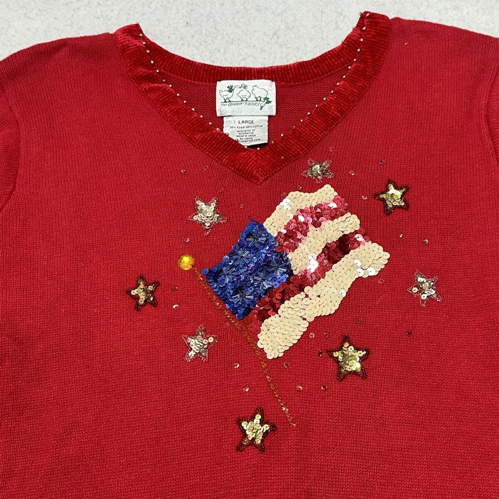 Other Vintage Quacker Factory Large V-Neck Sweater American Flag Size L / US 10 / IT 46 - 2 Thumbnail