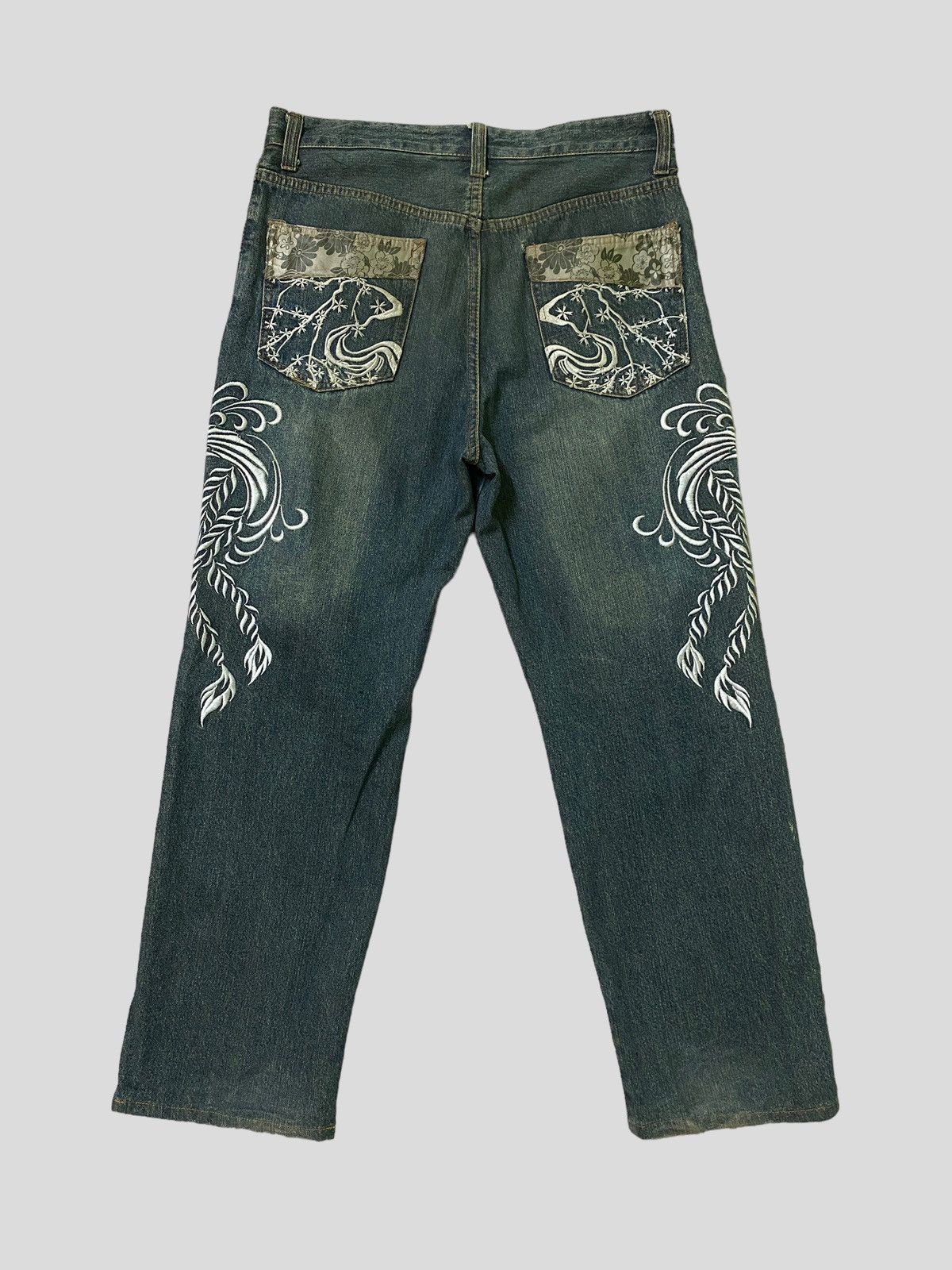 Japanese Brand × Vintage Vintage Japan Tattoo Embroidery Floral Design Denim Size US 32 / EU 48 - 2 Thumbnail