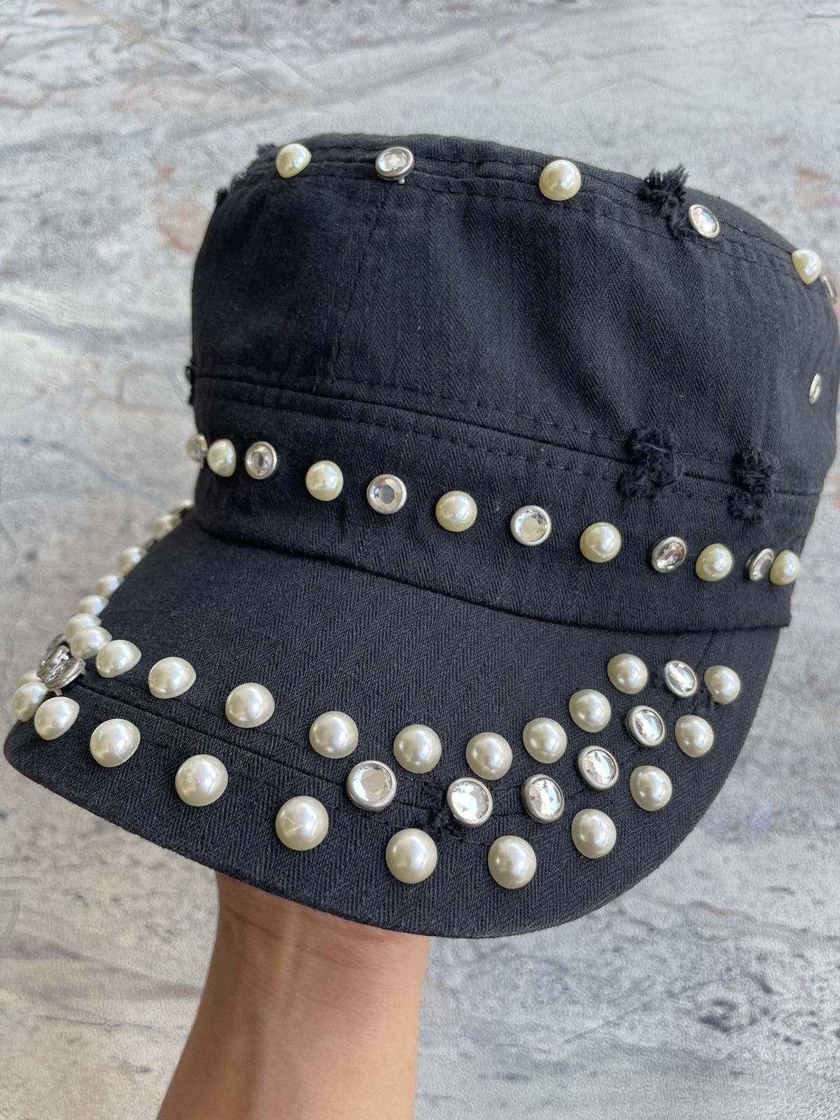 If Six Was Nine Goth Punk Egoist Crazy Pearl Studded Patrol Cadet Hat Size ONE SIZE - 5 Thumbnail