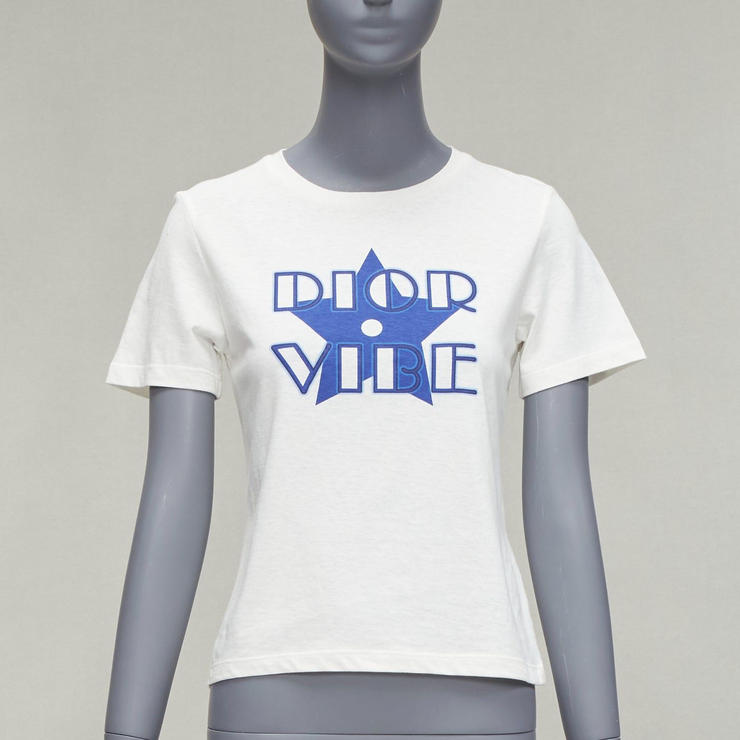 image of Dior Vibe Blue Star Logo Graphic Print White Cotton Linen Short Sleeve Tshirt Xs, Women's (Size Sma