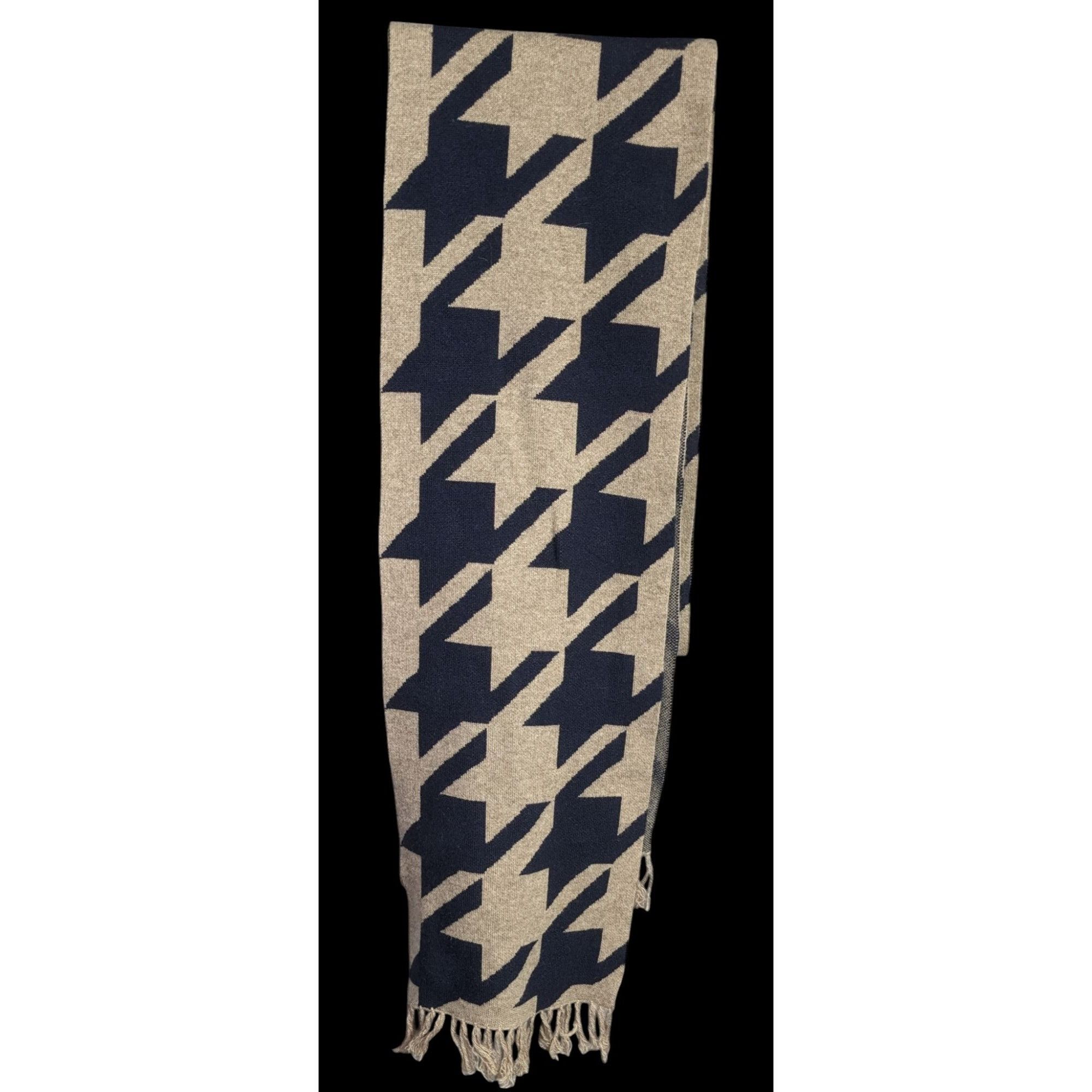 Other Preppy Houndstooth Pattern Tan & Navy Knit Scarf With Fringe Size ONE SIZE - 1 Thumbnail