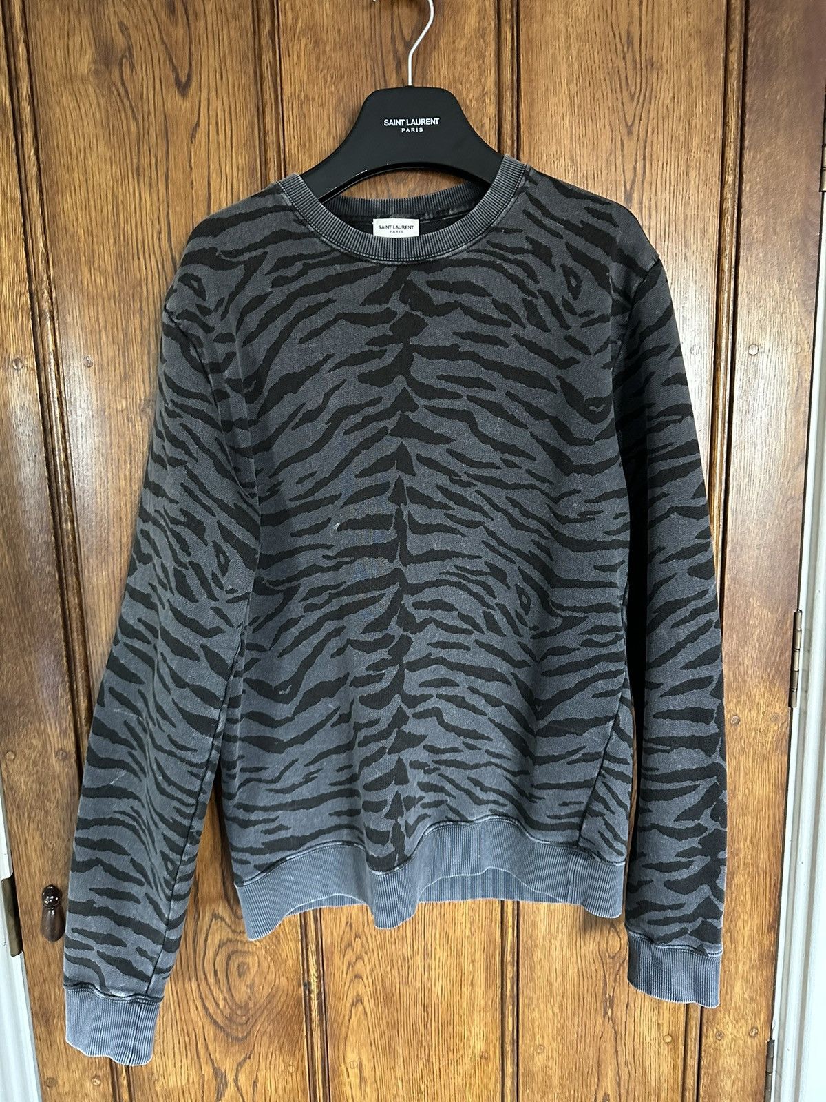image of Saint Laurent Paris Ss20 Saint Laurent Tiger Animal Print Sweater Crewneck S in Grey (Size Small)