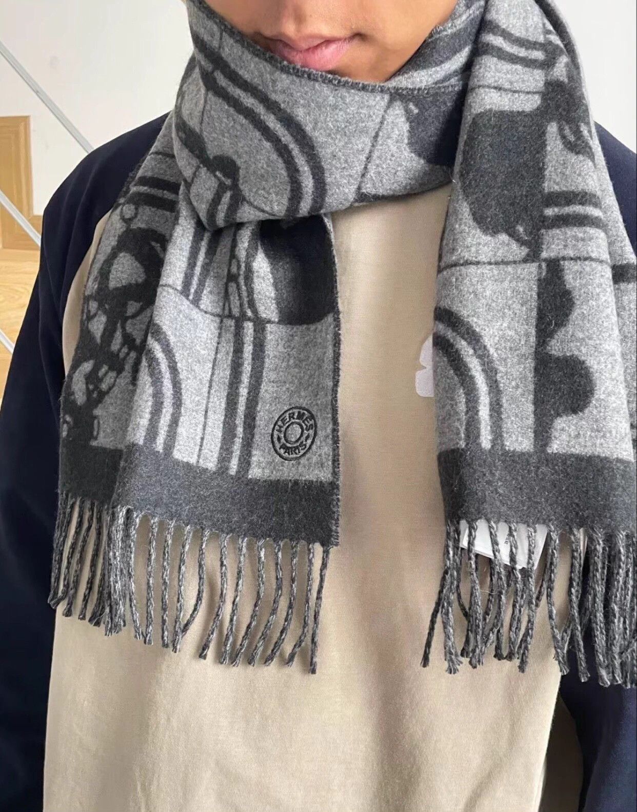 Hermes Hermes Black & Gray Allover Horsebit Logo Cashmere Scarf Size ONE SIZE - 2 Thumbnail