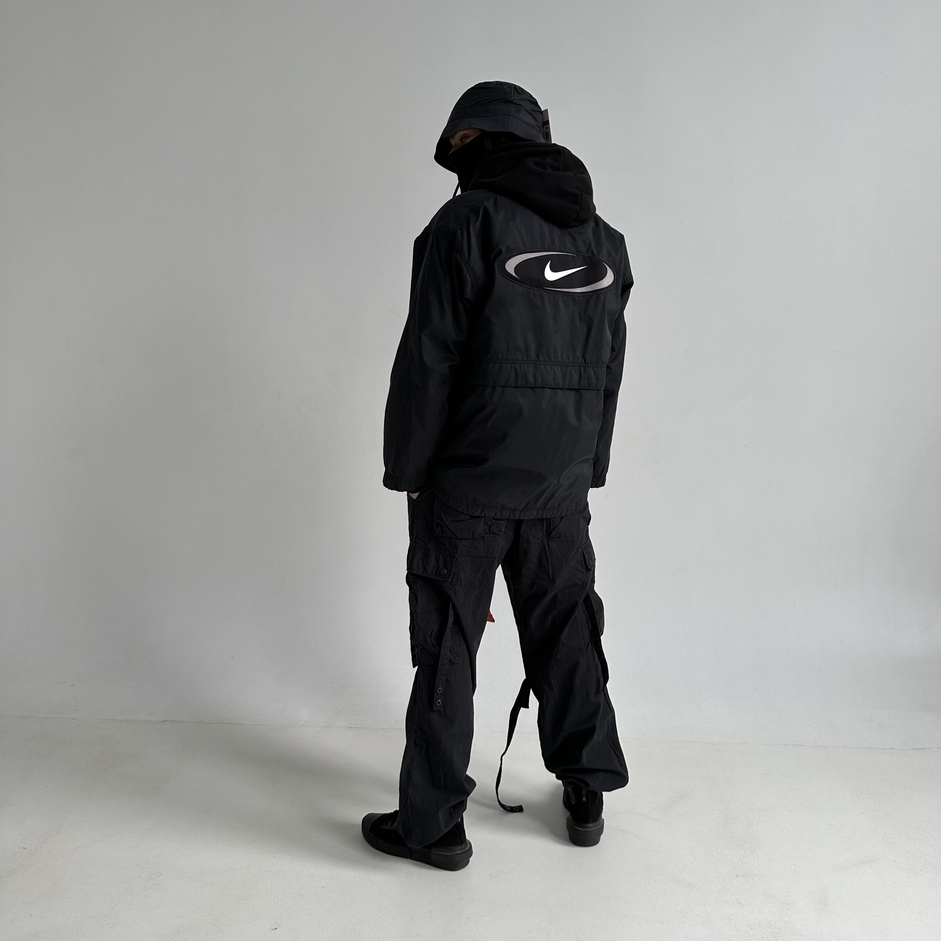 Pre-owned Nike X Vintage Nike 90's Vintage Big Swoosh Logo Nylon Light Jacket In Black/white
