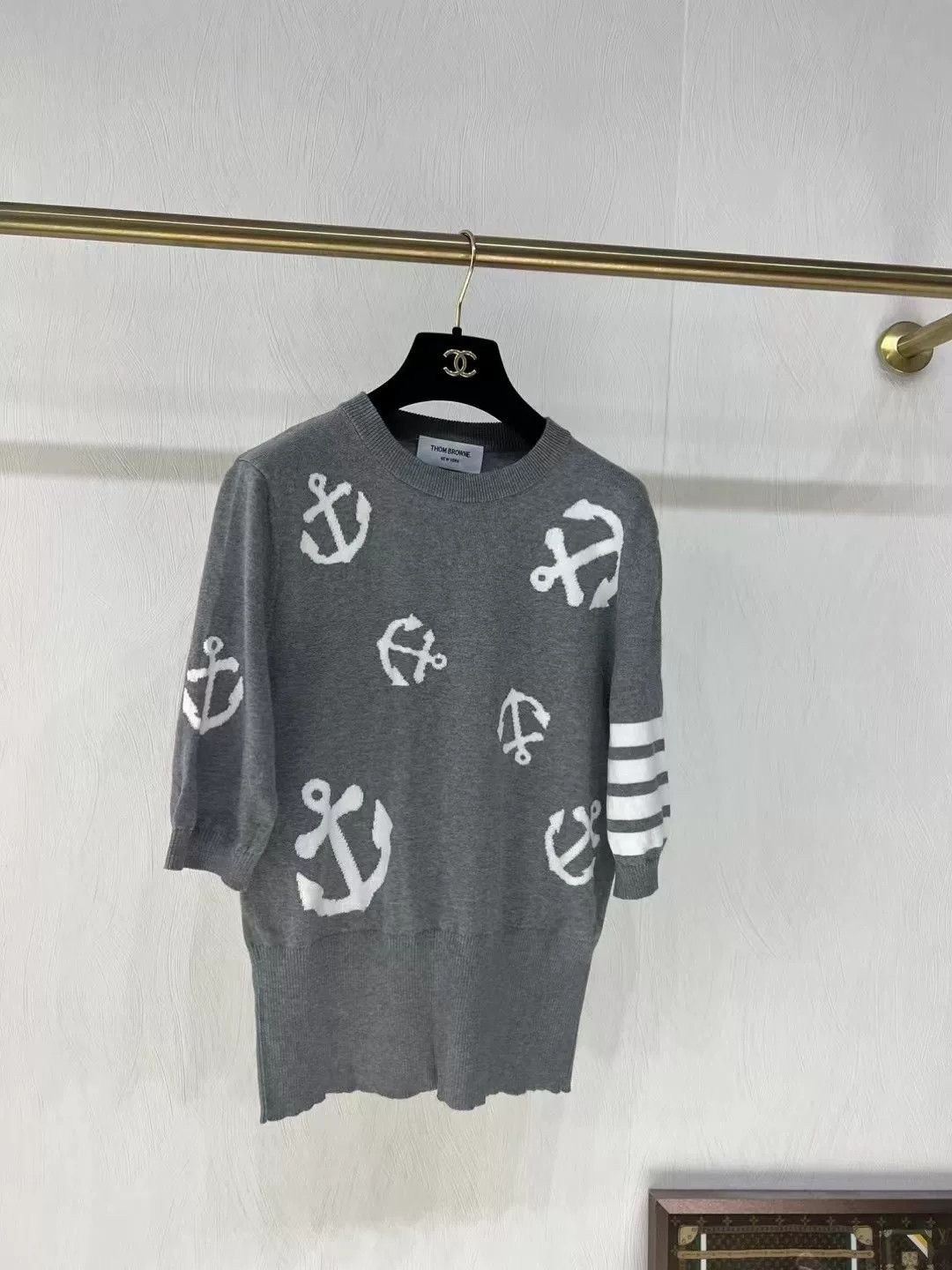 Thom Browne gray anchor pattern short sleeve knit top Size US M / EU 48-50 / 2 - 1 Thumbnail