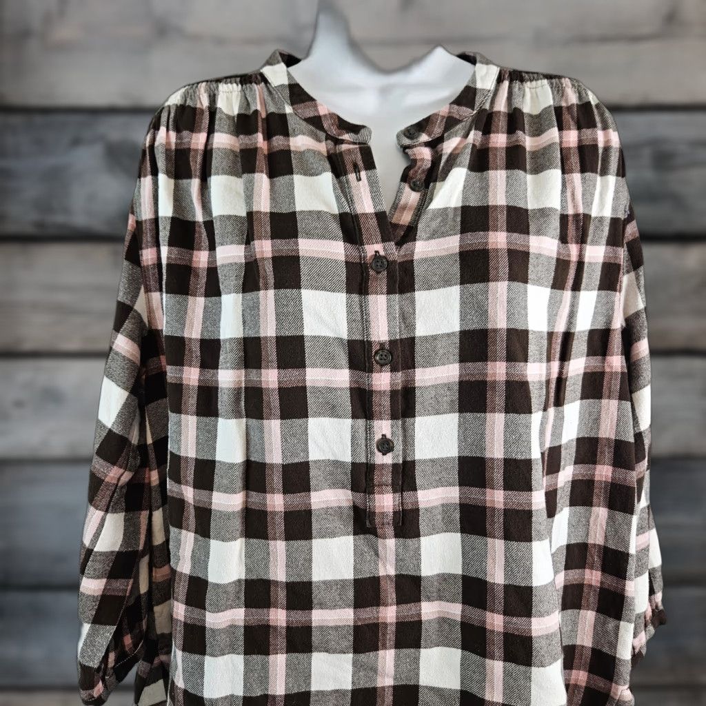 Lands' End Lands' End Womens Blouse Plaid Flannel Top Sz L Pink Brown 3/4 Sleeve Cotton Shirt Women's Wooly Fall Winter Spring Size L / US 10 / IT 46 - 1 Thumbnail