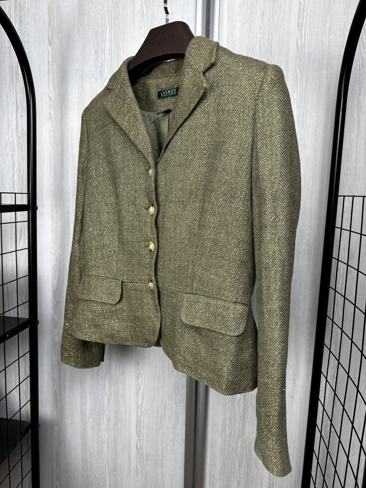 Lauren Ralph Lauren Ralph Lauren Green Gold Metallic Herringbone Blazer Linen Size M / US 6-8 / IT 42-44 - 6 Thumbnail