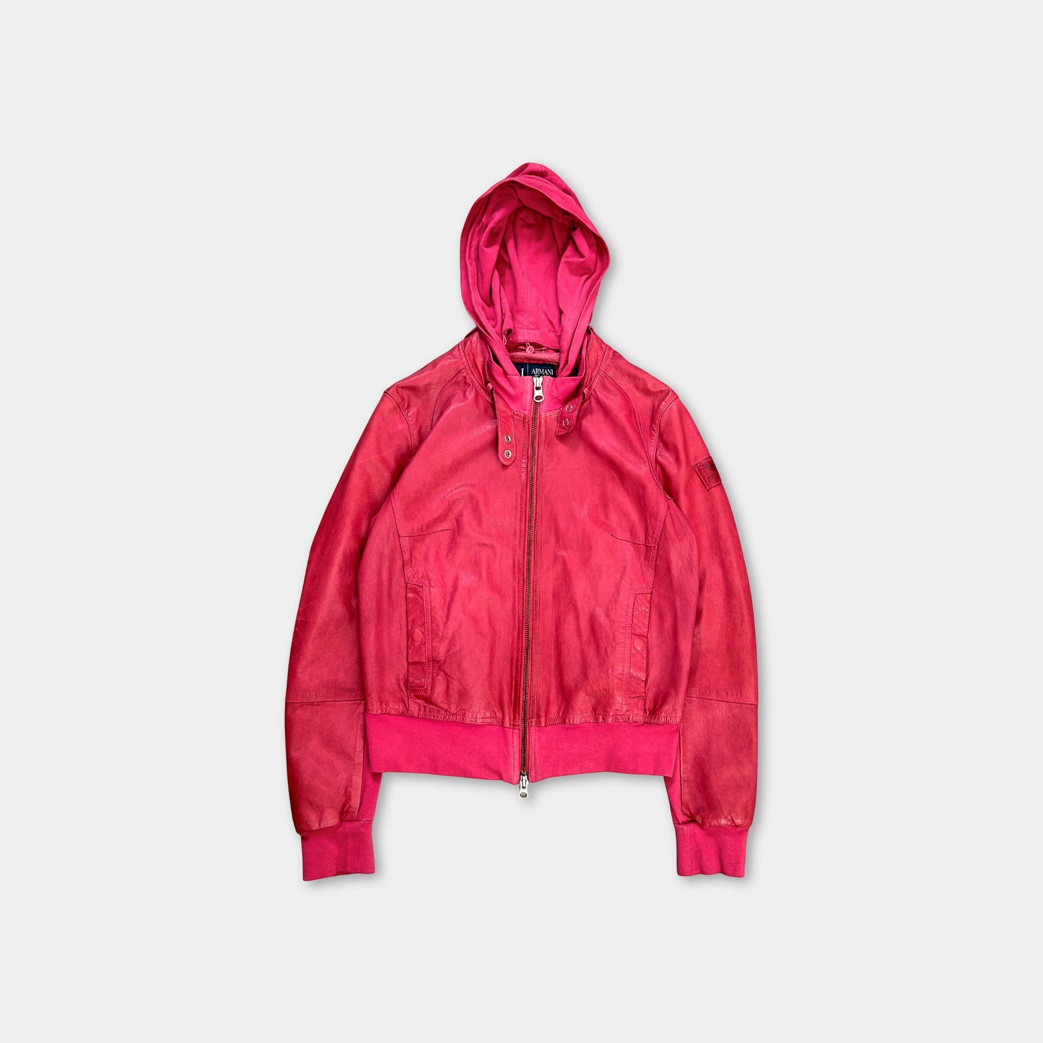 Armani Armani Jeans Pink Hooded Leather Jacket Size S / US 4 / IT 40 - 1 Thumbnail