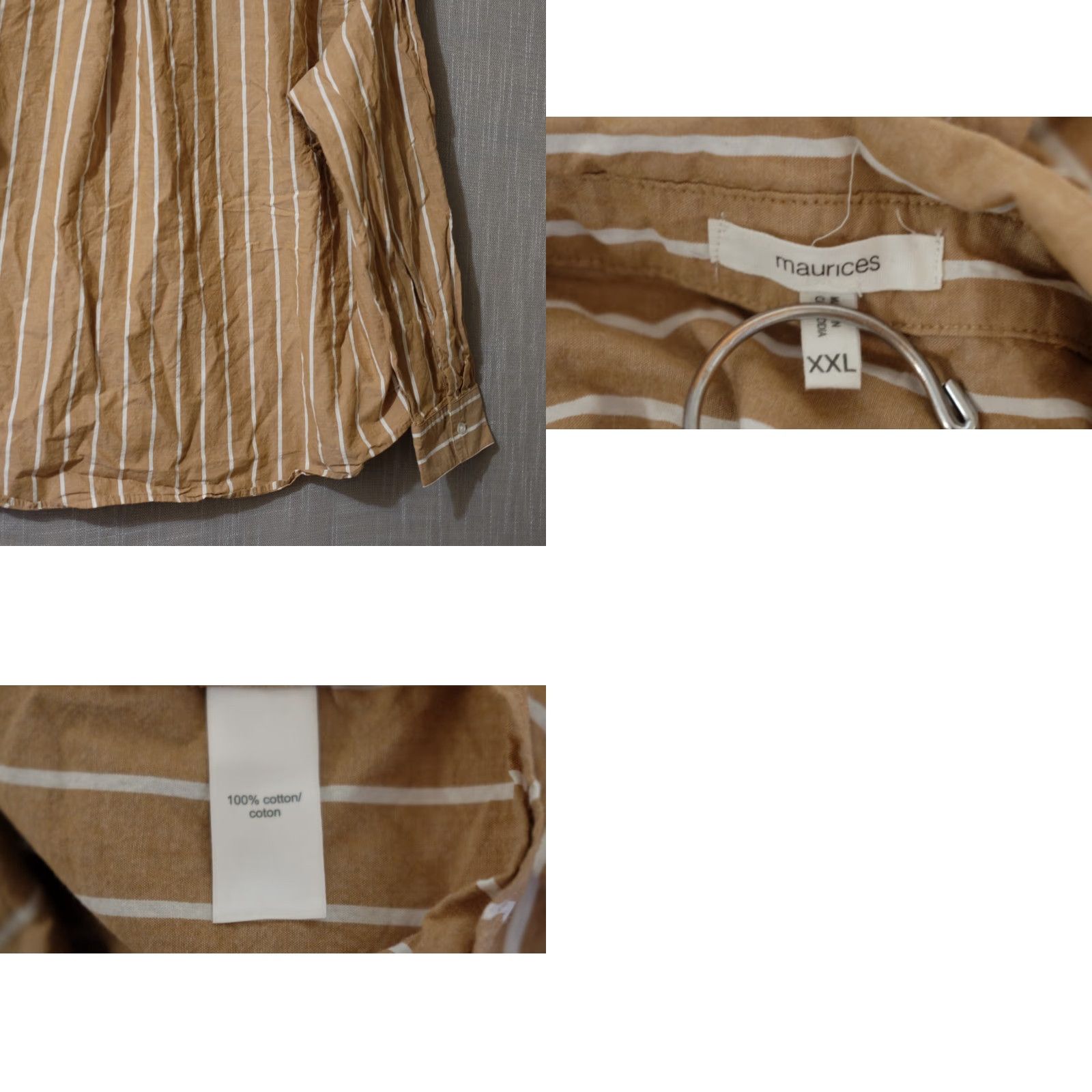 Vintage Maurices Tan/White Stripe Button Up Shirt 100% Cotton Womens XXL Blouse Casual Workwear Shirt Womens XXXL? Size XXL / US 16-18 / IT 52-54 - 8 Thumbnail