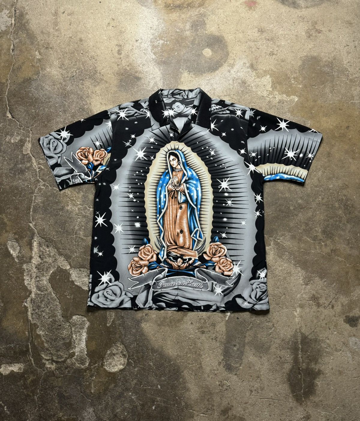 Image of Crazy Vintage 90's Chicano Virgin Marry Button Down T Shirt in Black, Men's (Size XL)