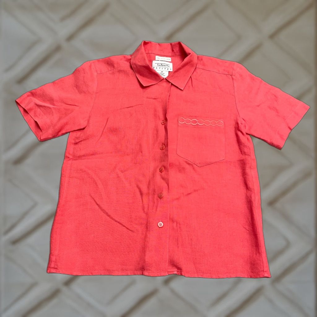 Talbots Talbots Shirt Womens 4P Petites Linen Button-Up Orange Short Sleeve Casual Classic 90s? Size S / US 4 / IT 40 - 1 Thumbnail