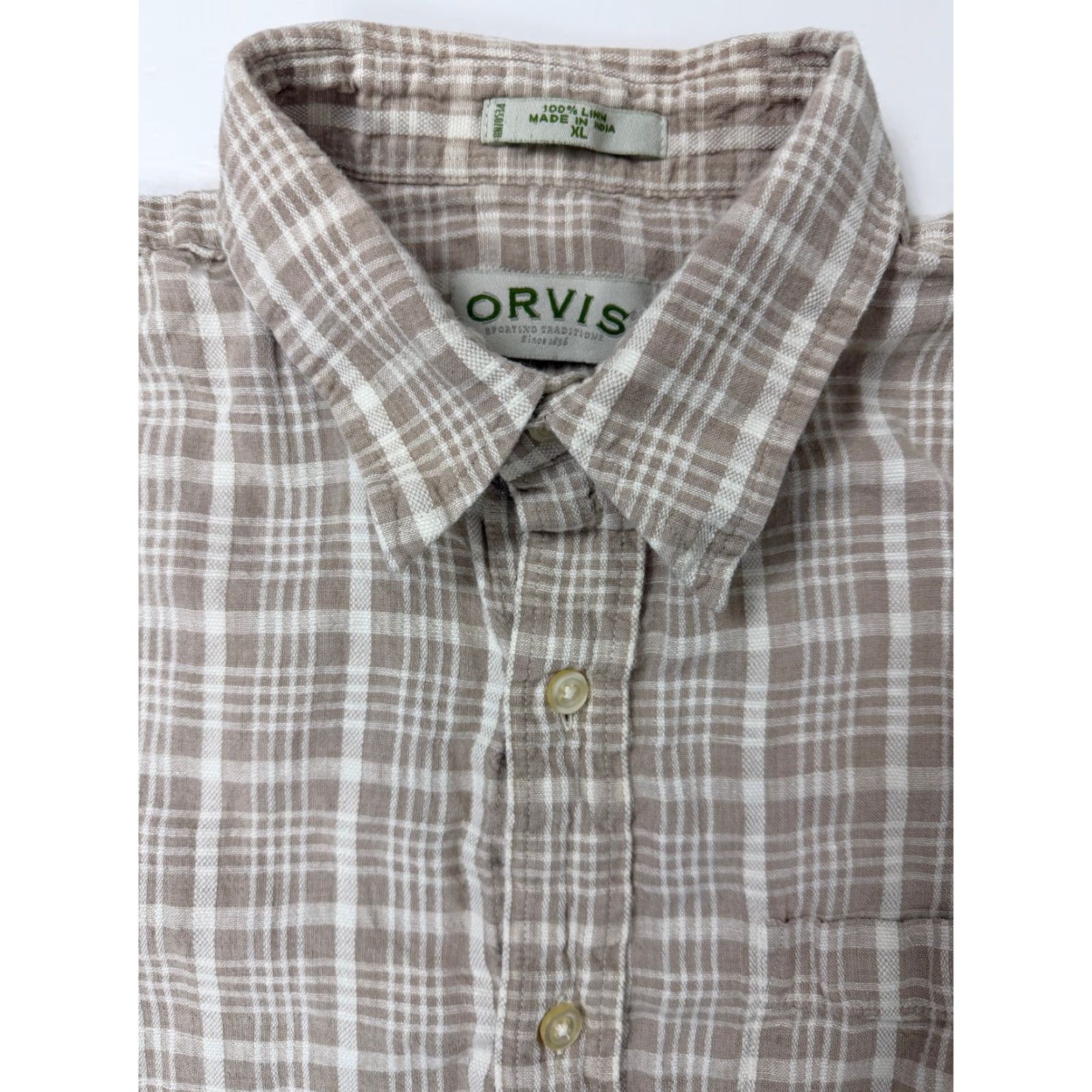 Orvis VINTAGE Orvis Linen Shirt Men XL Button-Up Travel Casual Beige White Plaid Shirt Short Sleeve Pockets Size US XL / EU 56 / 4 - 2 Thumbnail