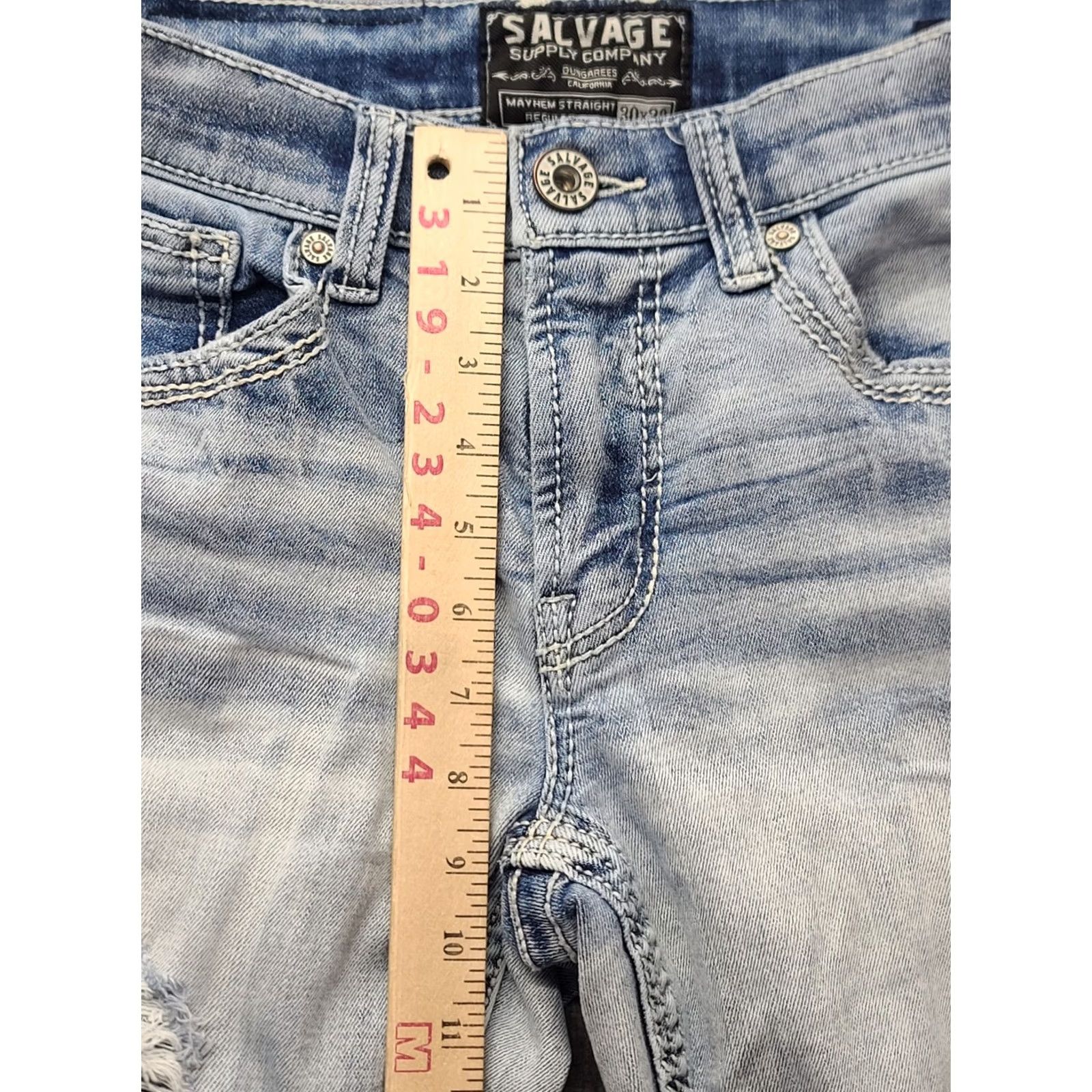 Vintage Salvage Jeans Mens 30x26 Straight Regular Distressed Stretch Denim Blue Cotton Polyester Spandex Buckle Bke Mayhem 30 Inseam 26 in Regular Rise Mid Size US 30 / EU 46 - 4 Thumbnail