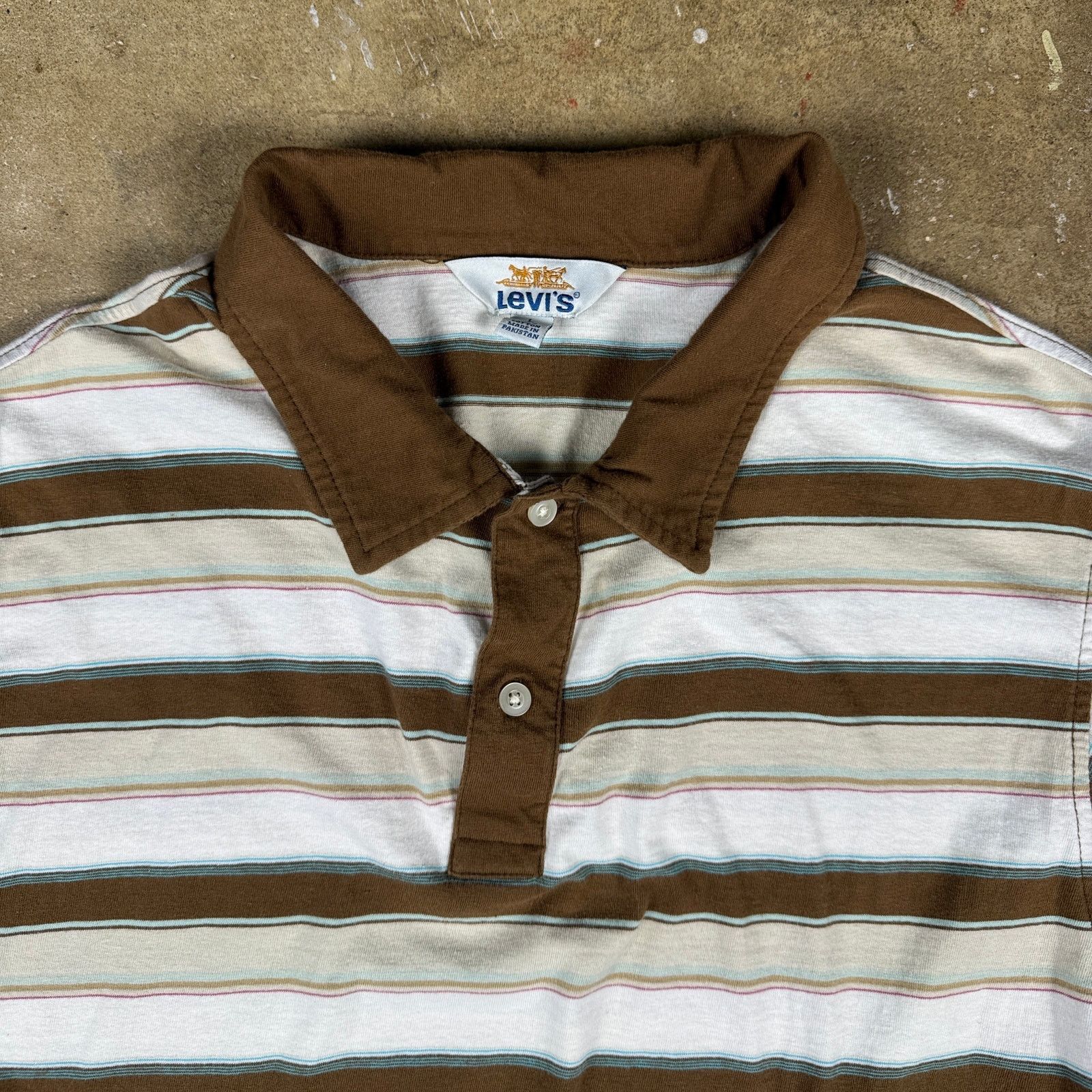 Levi's Vintage Levi’s Polo Shirt Men’s L Brown White Striped Y2K Size US L / EU 52-54 / 3 - 2 Thumbnail