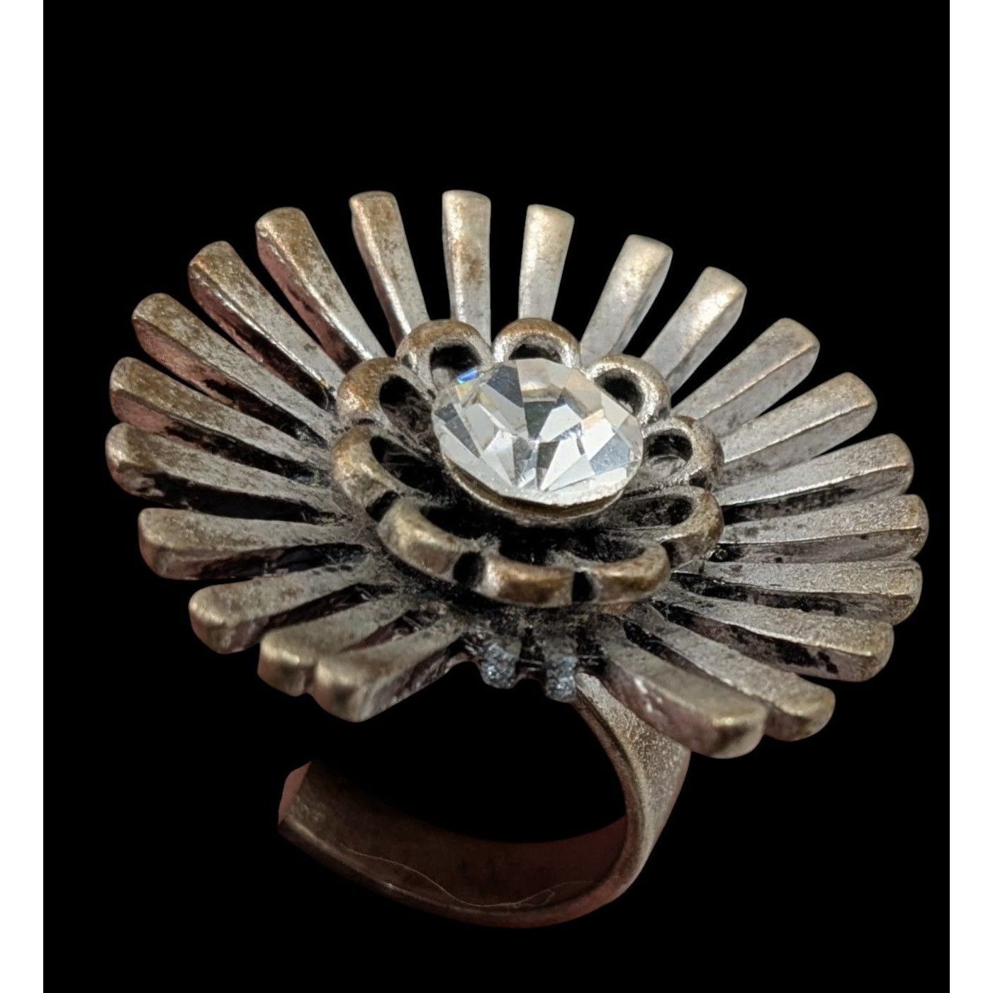 Other Vintage Adjustable Silver Tone Sunburst Ring With Rhinestone Size ONE SIZE - 2 Thumbnail