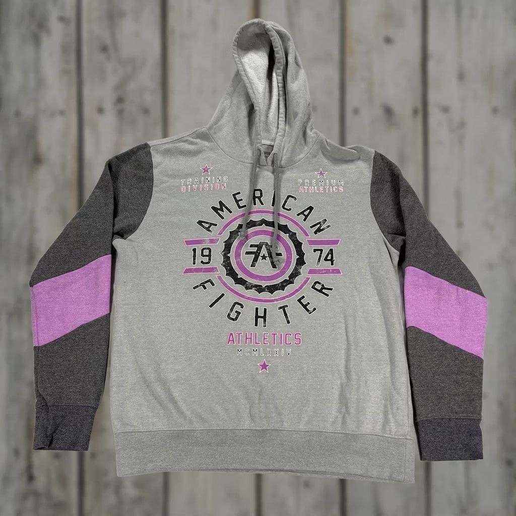 Vintage American Fighter Hoodie Women L Pink Gray Purple Pullover Hooded Casual Activewear Knit Cotton Blend Modern Classic Sweatshirt Size L / US 10 / IT 46 - 1 Thumbnail