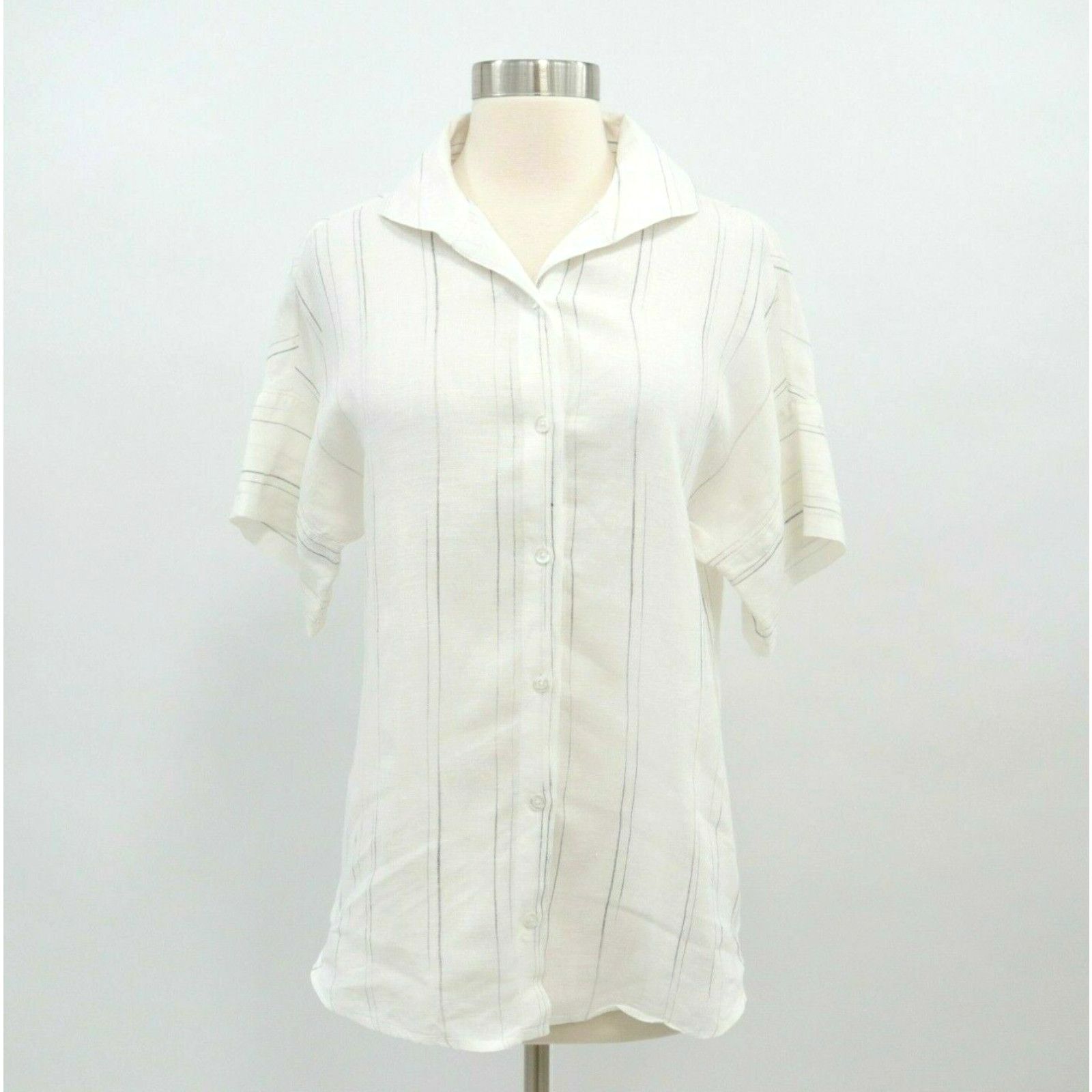 Image of Vintage Kal Rieman Button-Up Shirt Blouse Womens Xs White Striped Short Dolman Sleeves