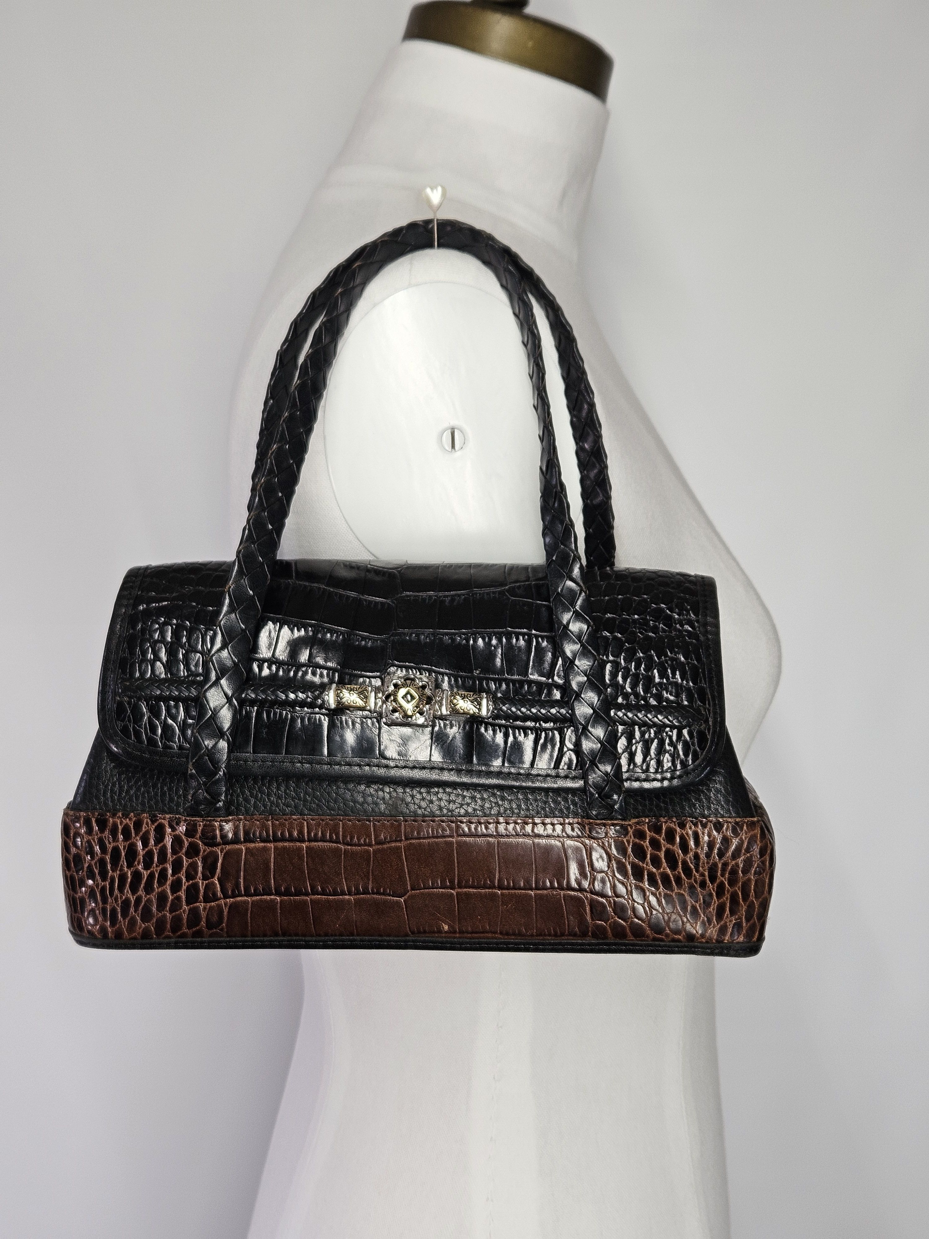 Brighton Brighton 10x6x3" Handbag Braid Leather Croc Embossed Black Size ONE SIZE - 1 Thumbnail