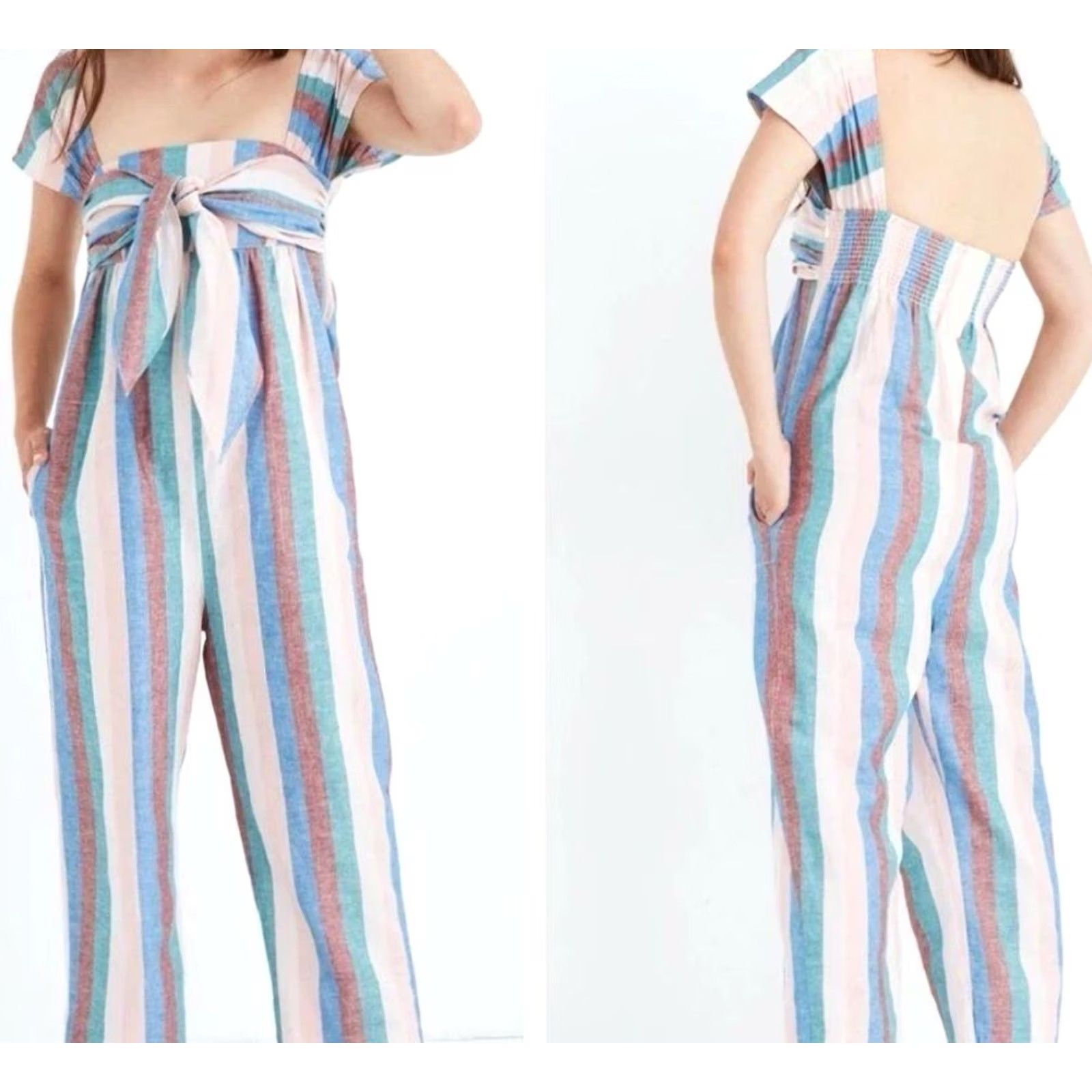 Madewell Madewell Jumpsuit Womens 4 Flagstaff Stripe Linen Cotton L8747 NEW Size 27" / US 4 / IT 40 - 2 Thumbnail
