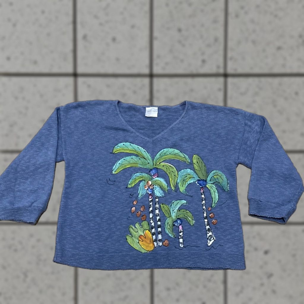 Vintage VINTAGE STICKCHICS Crop Knit Sweater Women One Size Made USA Hand Painted Palm Tree Isle Size ONE SIZE - 1 Thumbnail
