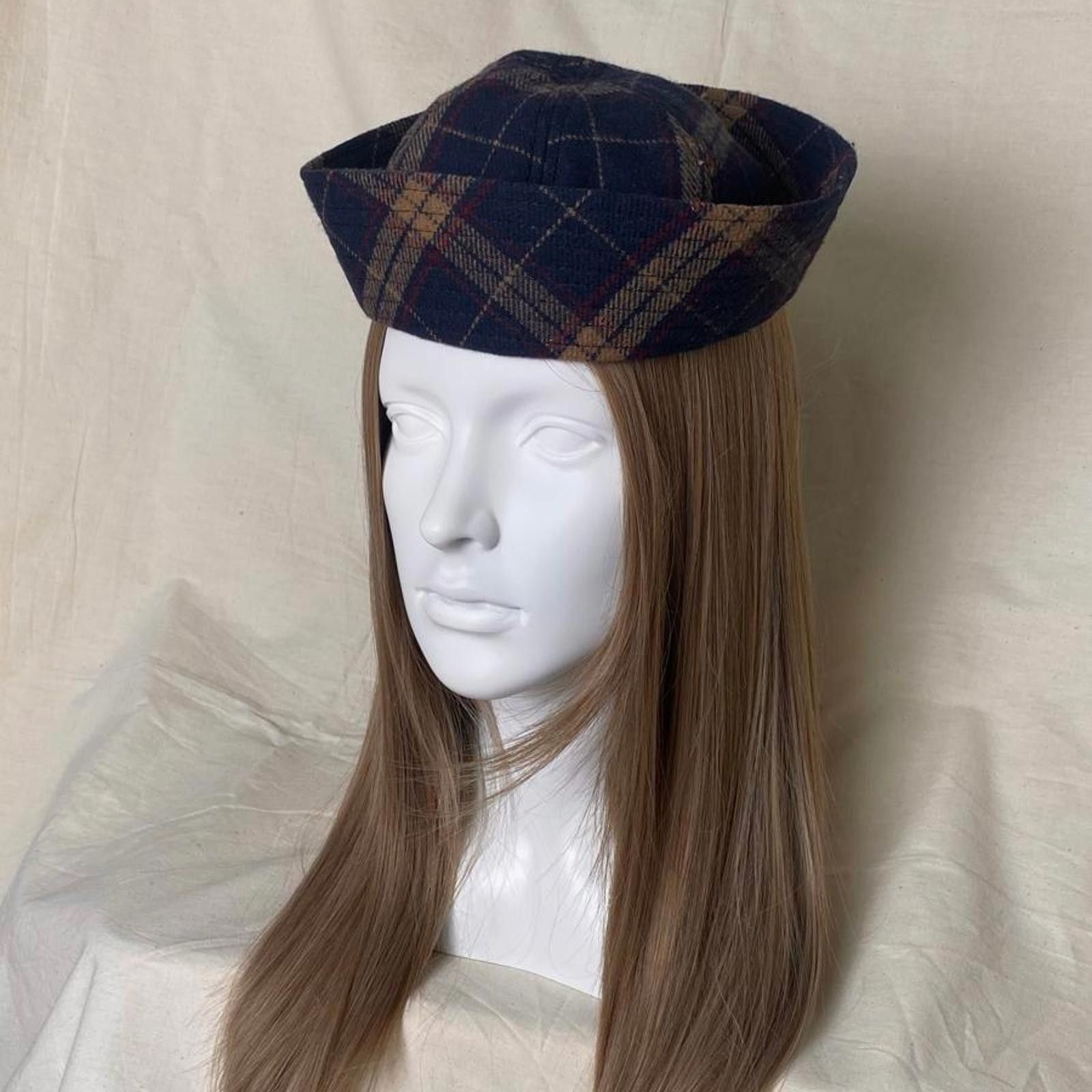 Japanese Brand Retro Wool Blend Navy Plaid Beret Sailor Hat Y2K French Girl Size ONE SIZE - 1 Thumbnail