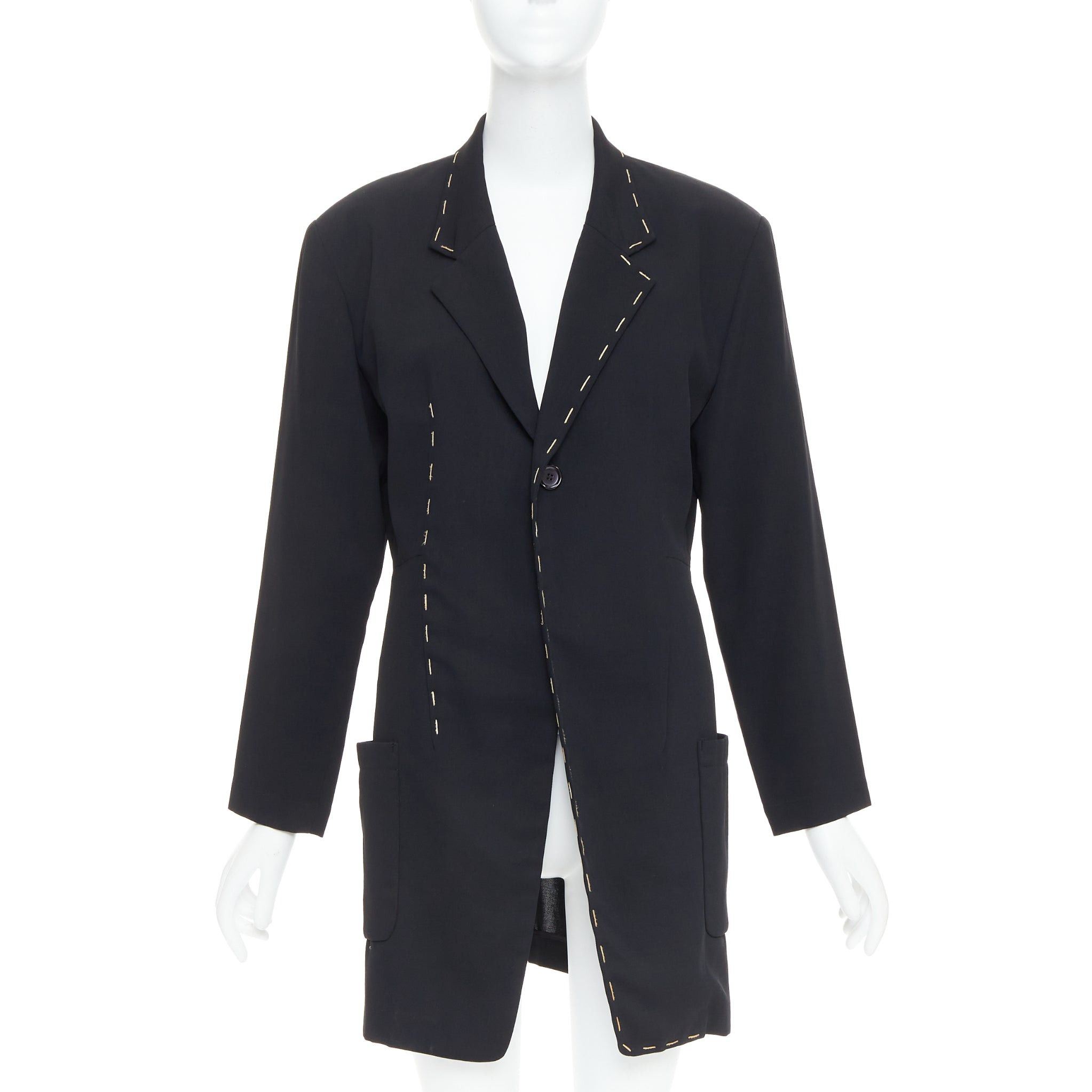 Yohji Yamamoto YOHJI YAMAMOTO black wool blend handstitched detail long blazer coat S Size S / US 4 / IT 40 - 1 Thumbnail