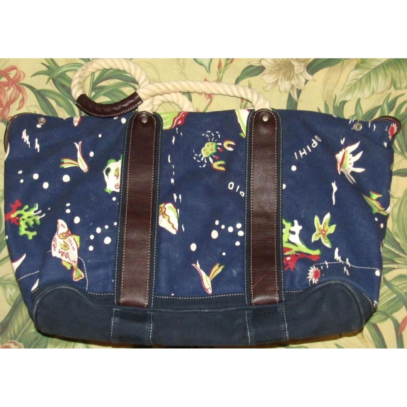 Vintage Vtg J CREW Canvas Leather Trim Tropical Beach Tote Bag Women Blue Cotton Tote Size ONE SIZE - 2 Thumbnail