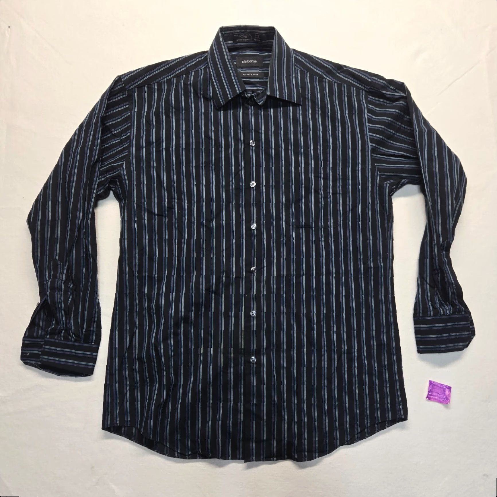 Liz Claiborne Claiborne Shirt Striped Button-Up Long Sleeve Men 15.5 32/33 Black Cotton Casual Size US L / EU 52-54 / 3 - 2 Thumbnail