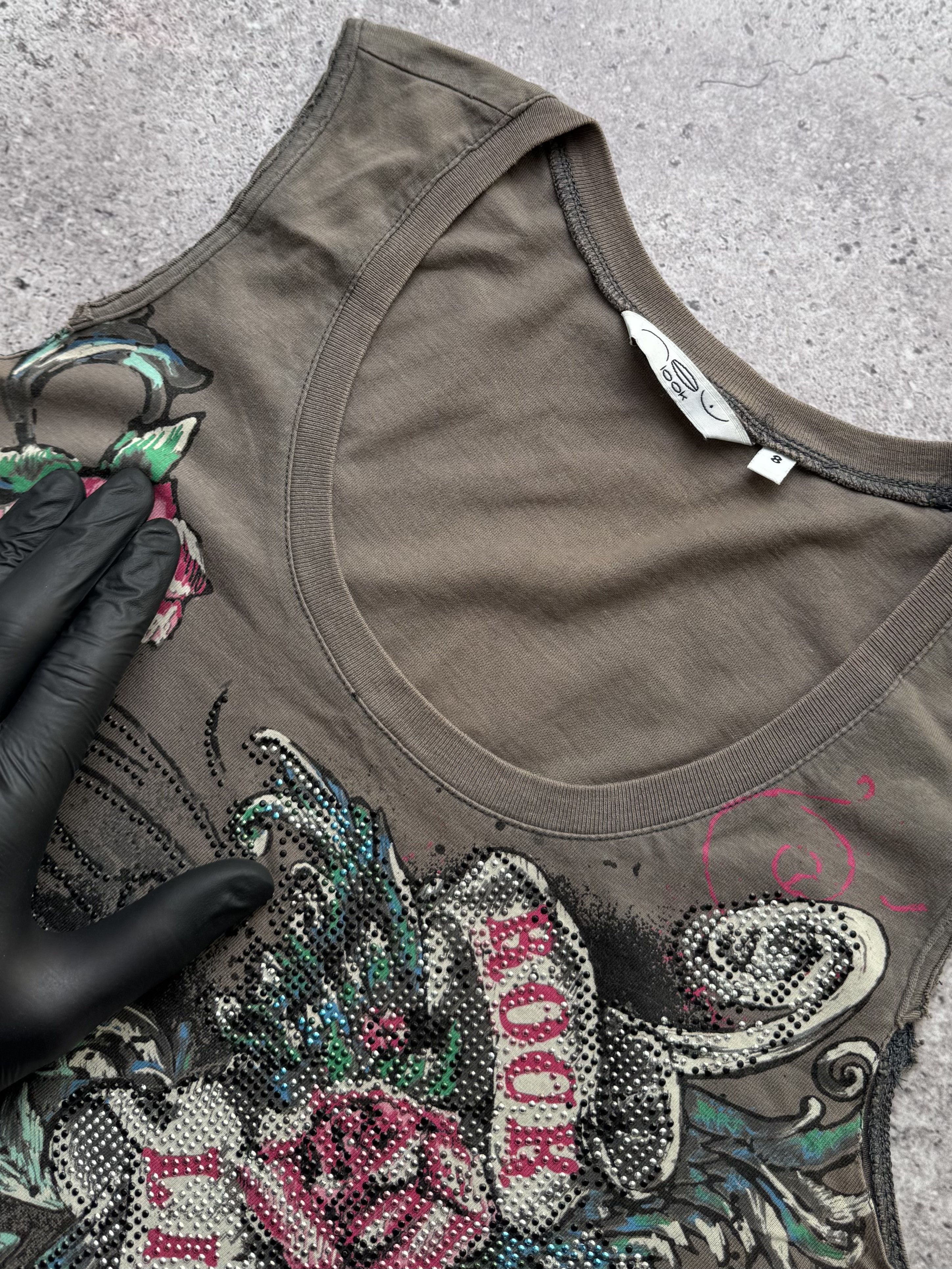 Vintage Y2K Graphic Tank Top Floral Rhinestone Tattoo Style (E8) Size S / US 4 / IT 40 - 5 Thumbnail