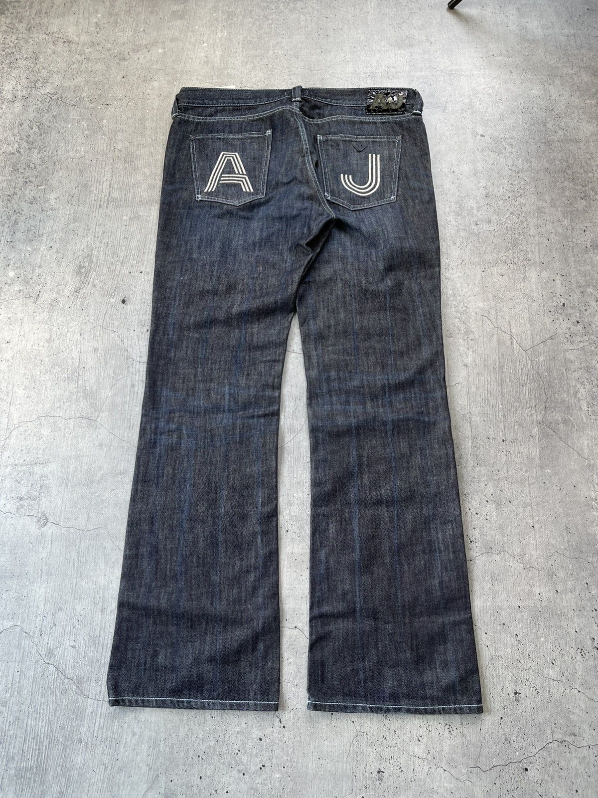 Vintage Armani Big Logo jeans blue wash distressed denim Y2K