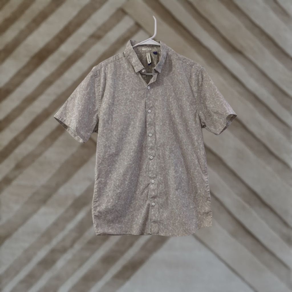 Vintage Artefact Mens L Shirt Button Front Short Sleeve Tan Print Slim Fit Cotton Size US L / EU 52-54 / 3 - 1 Thumbnail