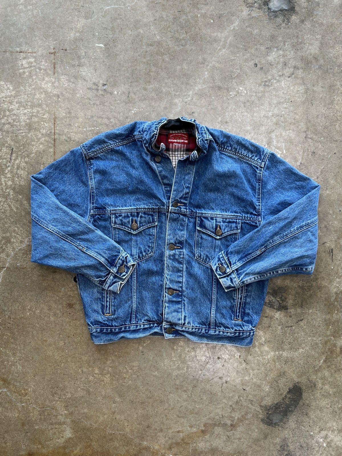 Vintage 90s Marlboro Leather Collar Denim Jacket Medium