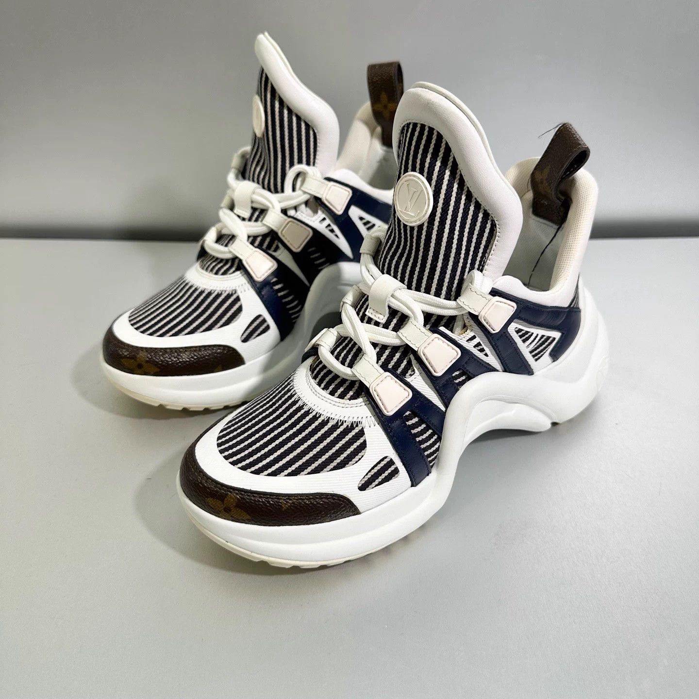 Louis Vuitton LV White Blue Striped Monogram Dad Shoe 36 Mint Size US 5 / IT 35 - 1 Thumbnail