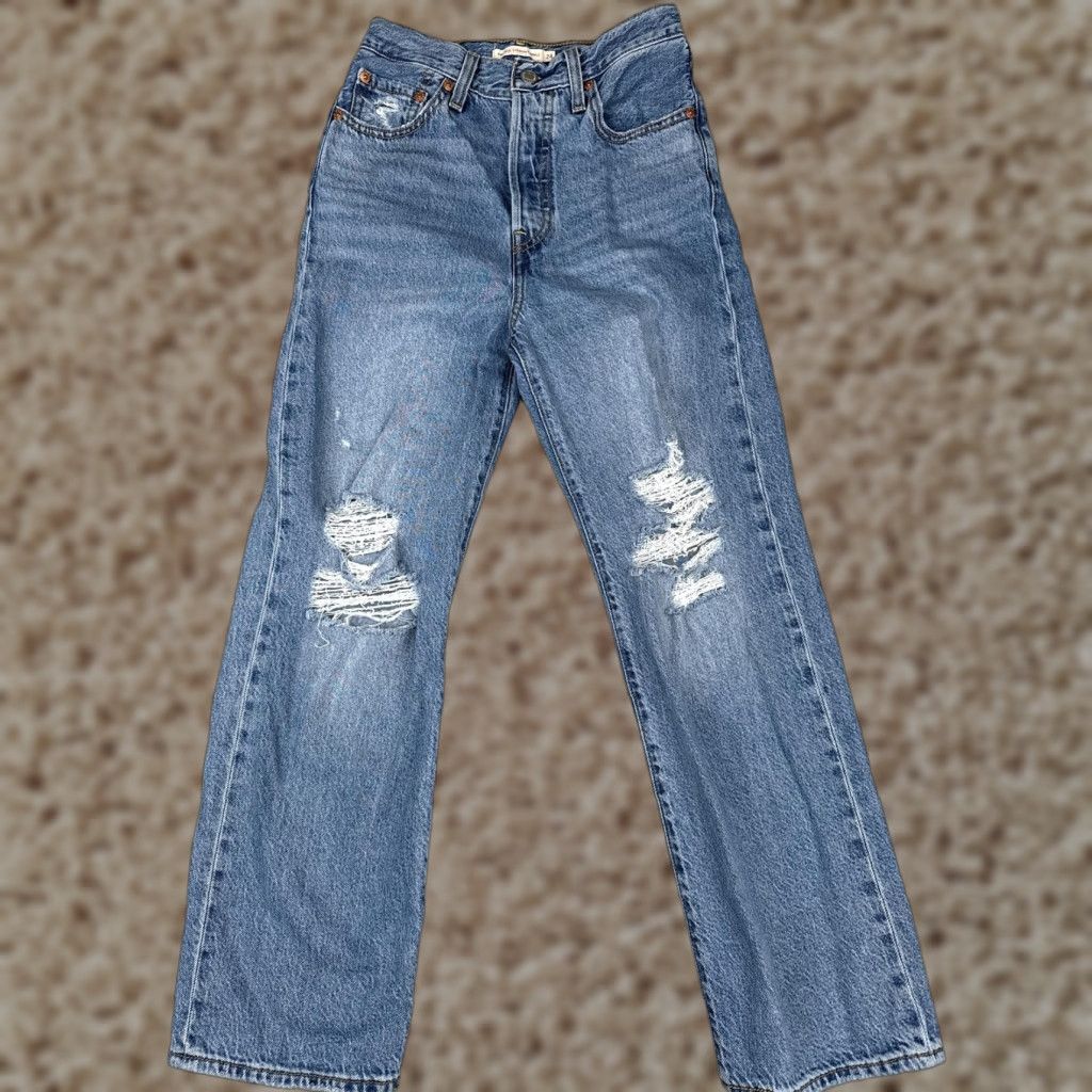 Levi's Levis Ribcage Straight Ankle Jeans Womens 24 Blue Distressed High Rise 24x26 Size 42" / US 20 - 1 Thumbnail